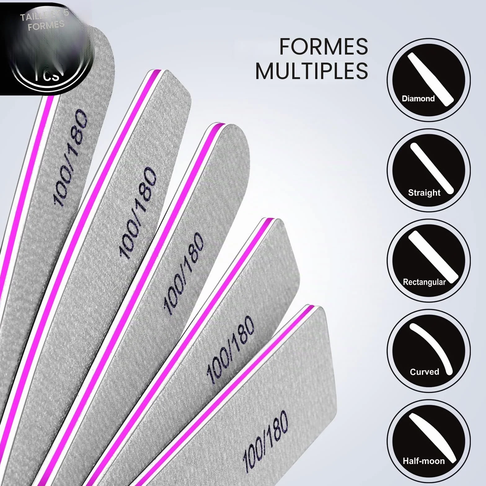 Lime à Ongles Professionnelles 10 Pcs 5 Formes Grain 100/180 Double Faces Polissage Ponçage