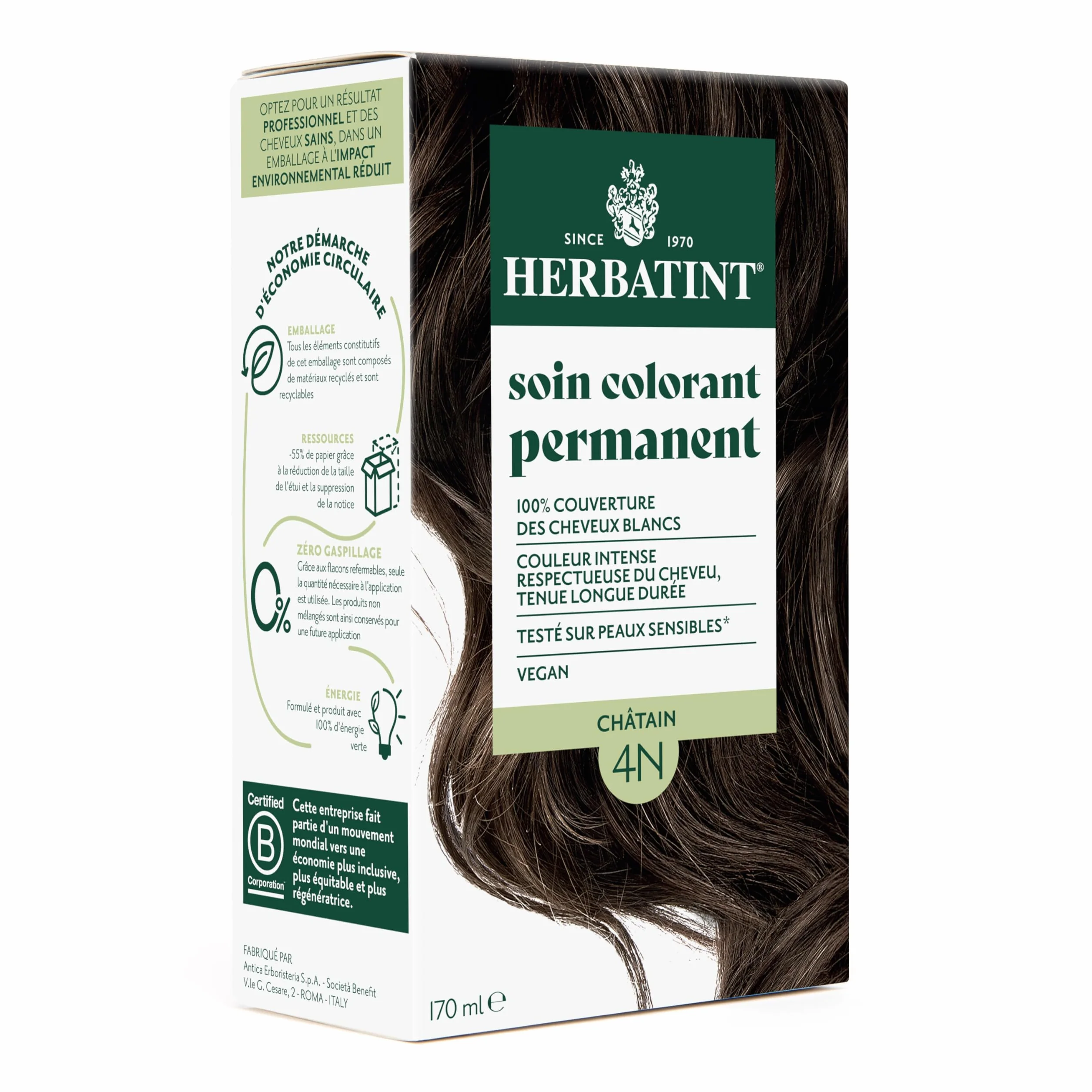 Herbatint Soin Colorant Permanent Cheveux 4N Châtain 170 ml Sans Ammoniaque Couverture Cheveux Blancs