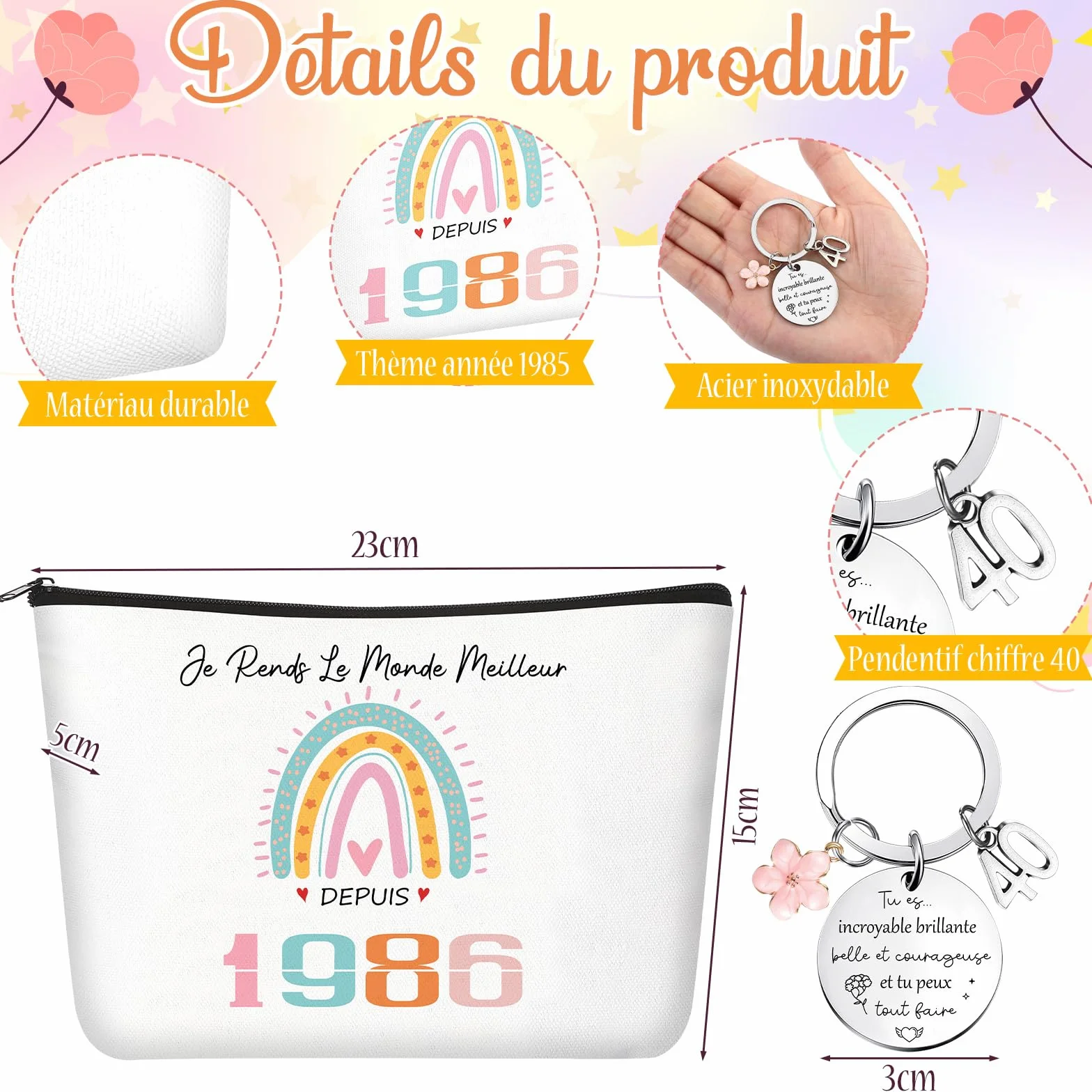 Xuniea 3 Pièces Trousse de Maquillage de Voyage Cadeaux d'Anniversaire 40 Ans pour Femmes 1986 Miroir de Poche Porte-Clés