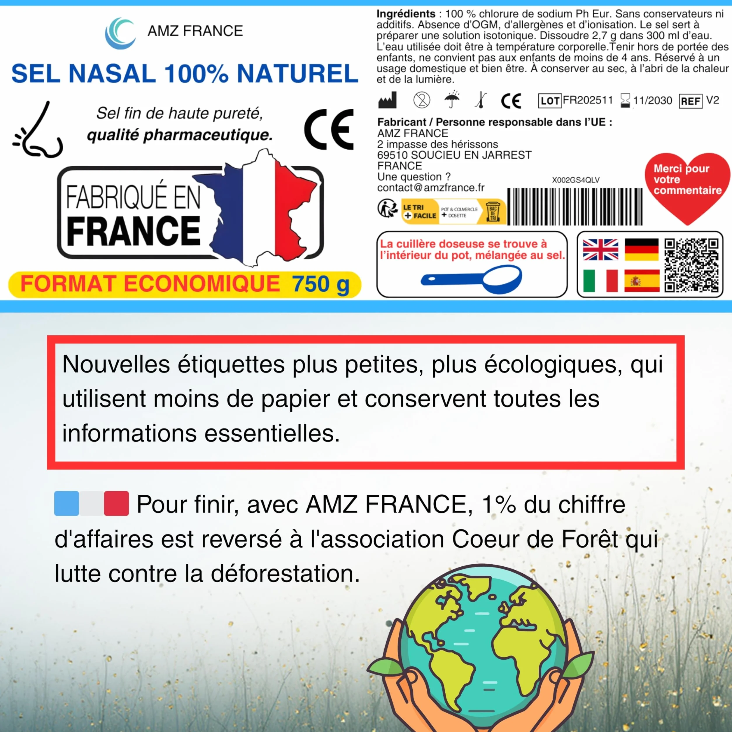 Sel Nasal 750g 100% Naturel Qualité Pharmaceutique Fabriqué en FRANCE 277 Lavages de Nez Boîte XXL Enfant Adulte