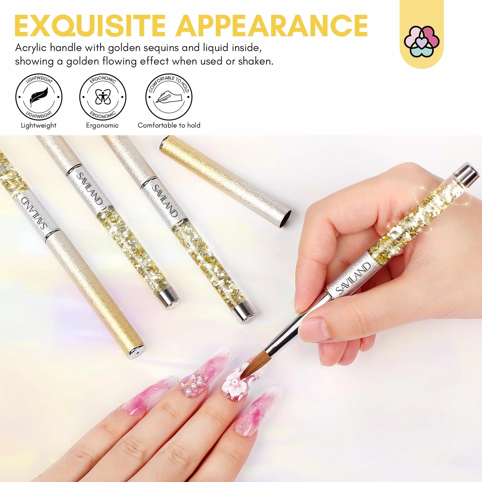 Saviland 4 Pinceaux pour Ongles Acryliques: Kolinsky Nail Art Professionnel, pour Poudre Acrylique (#6/10/12/16)