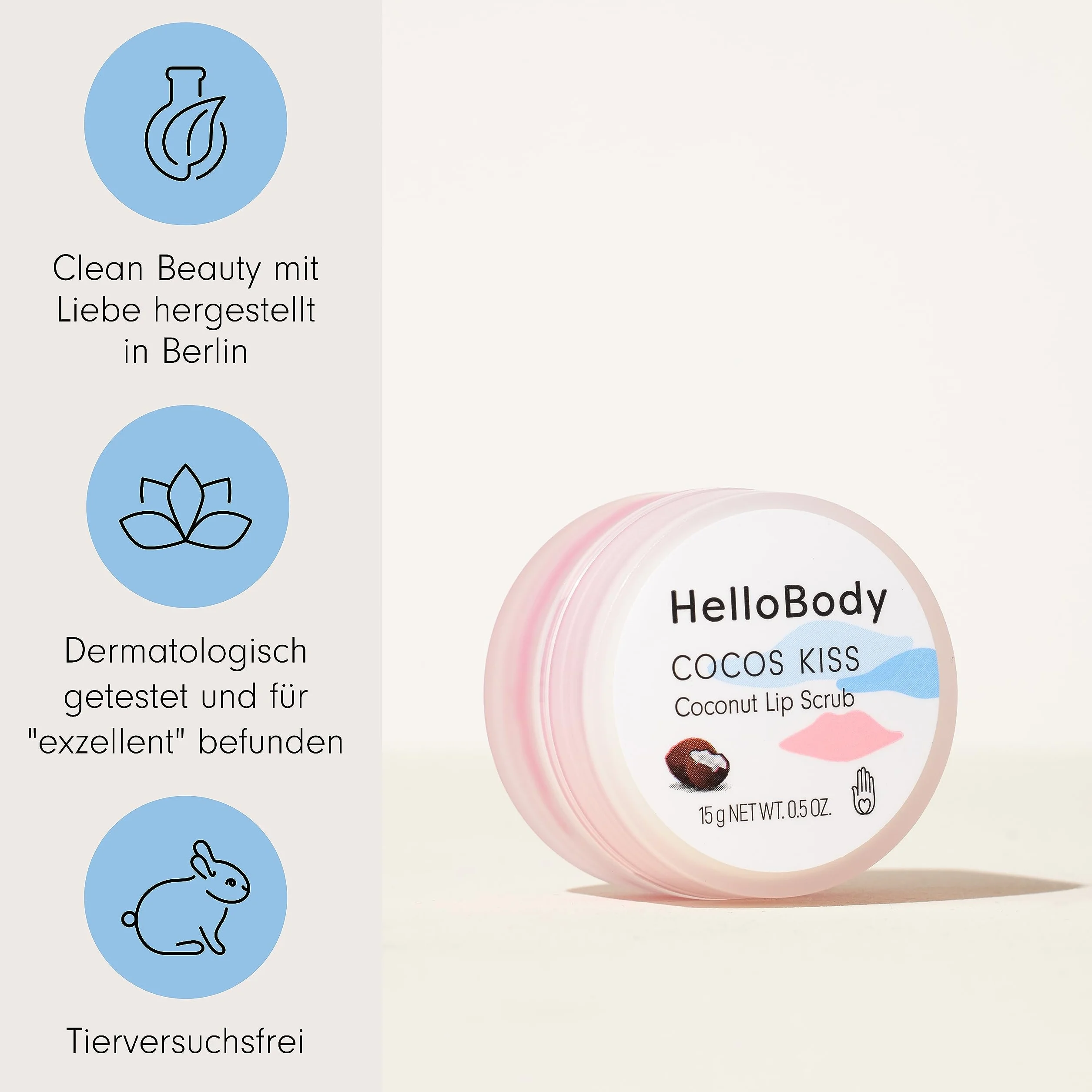 HelloBody Gommage à Lèvres Cocos Kiss 15 ml Exfoliation Soin Lèvres Douces Sucre Beurre Karité Huile Rose Musquée Bio 96,3% Ingrédients Naturels