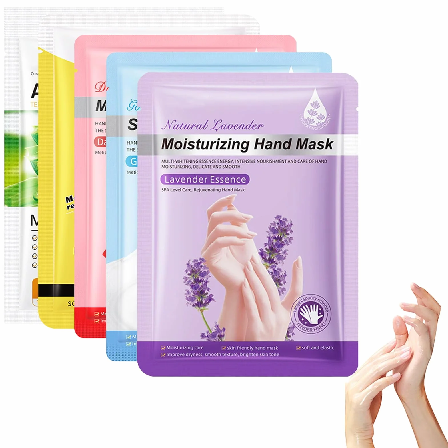 Set de 5 Masques pour les Mains – Lavande, Rose, Lait de Chèvre, Niacinamide, Aloe Vera, Miel – Réparation Peau Rugueuse