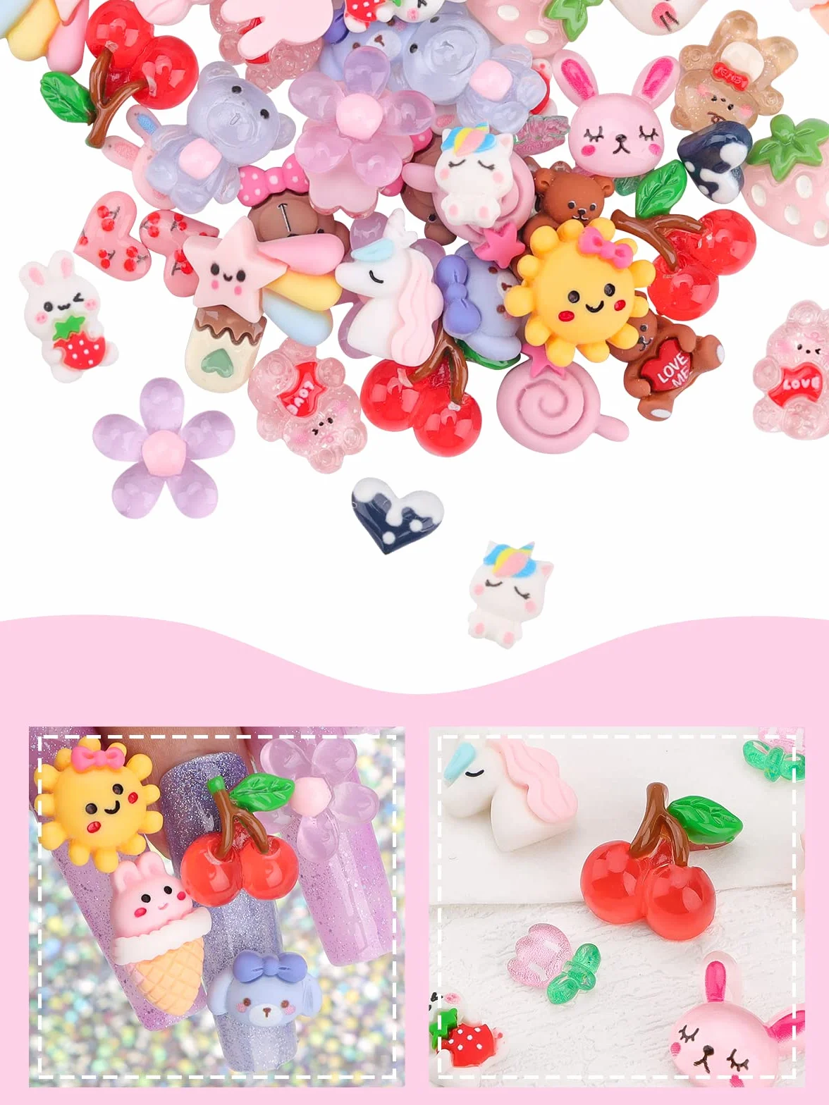 Lot de 100 breloques à ongles Kawaii en résine à dos plat pour fabrication de bijoux