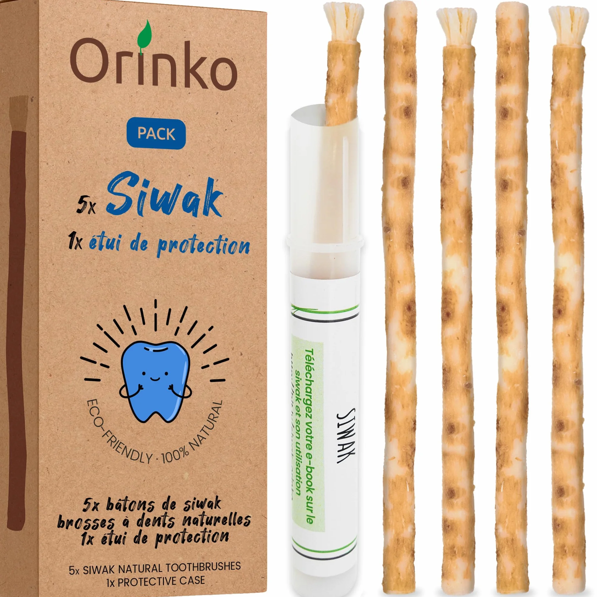 ORINKO Lot de 5 Bâtons de Siwak + Étui de protection – Brosse à Dents 100% Naturelle