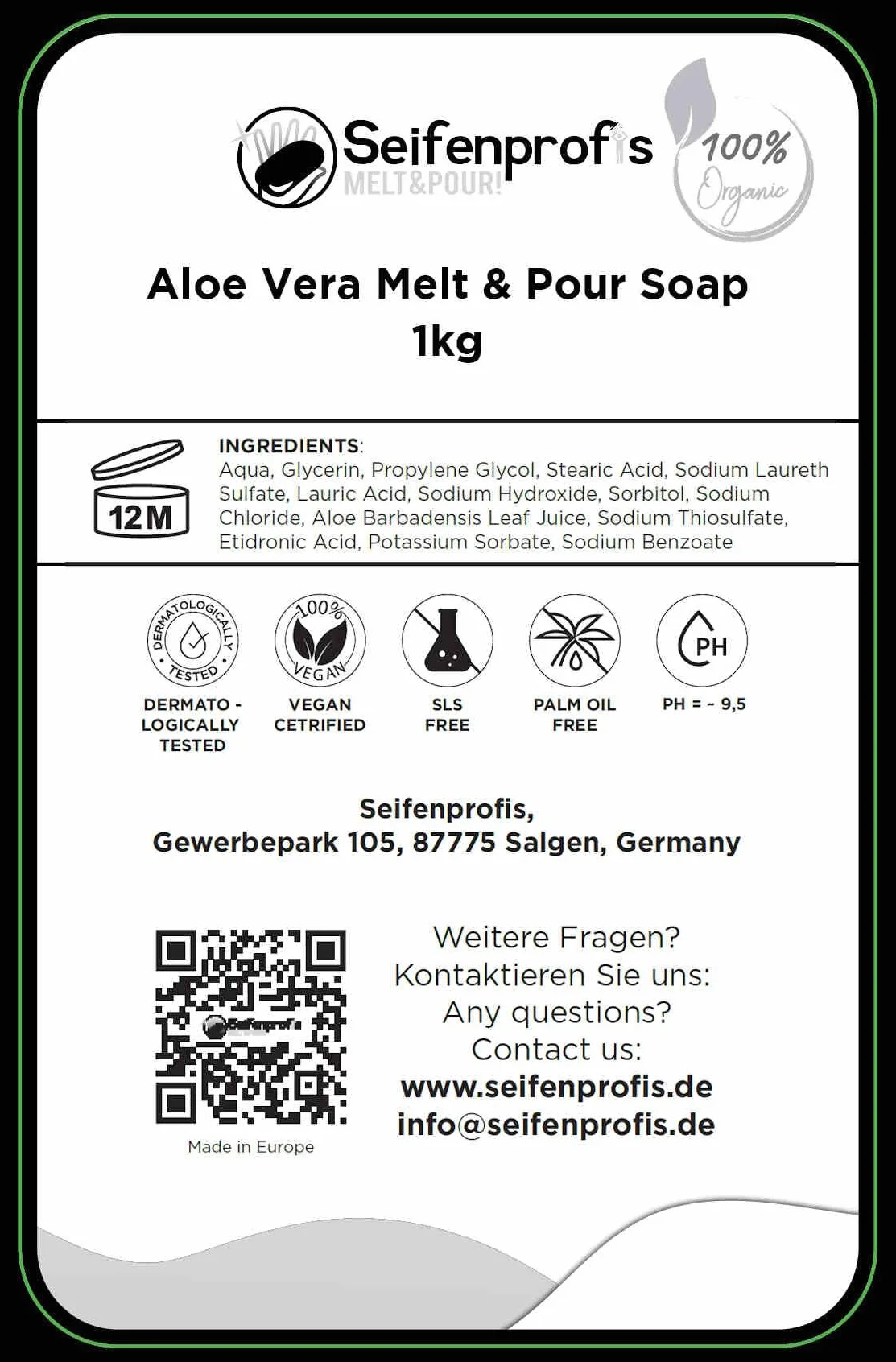 Savon à l'Aloe Vera Base de savon brut à la glycérine 1kg sans SLS SCS 100% végétalien Transparent