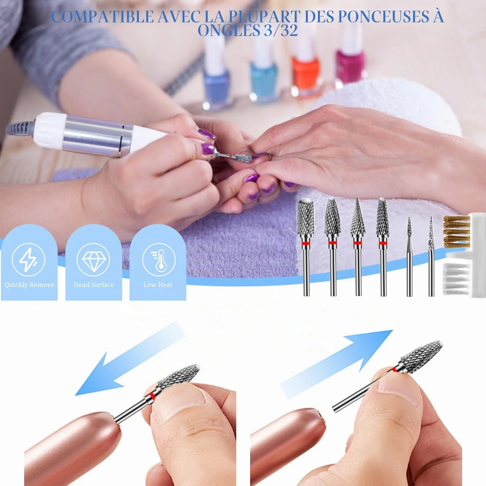 Embout Ponceuse Ongles, 6Pcs Forets à Ongles Tungstène, 1 Pinceau, Embout Depose Ponceuse Ongles Professionnel pour Manucure et Pédicure, Enlever le Gel et Les Cuticule (StilC)