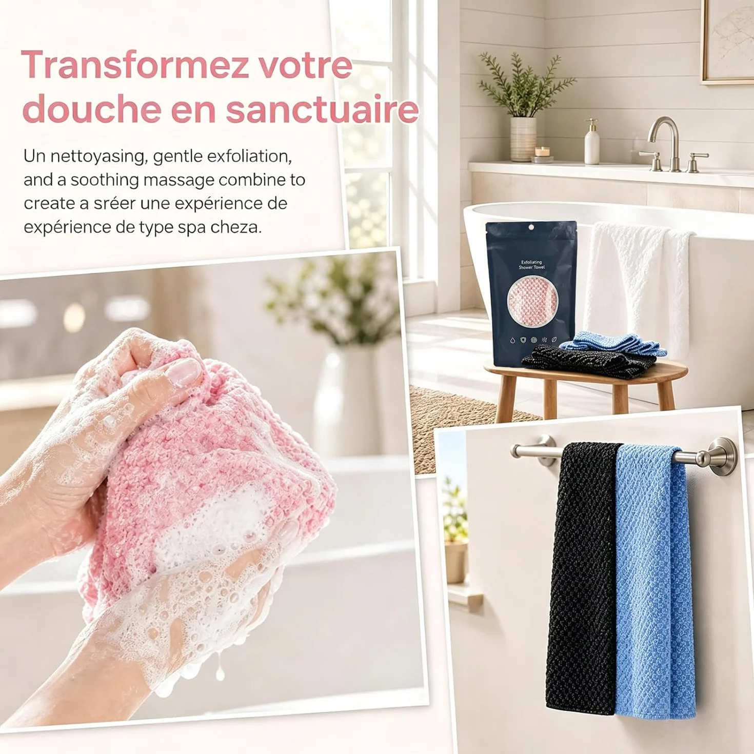 Ecovia Serviette Exfoliante Corps Séchage Rapide Peaux Sensibles Rugueuses Portable Unisexe Noir Bleu Rose