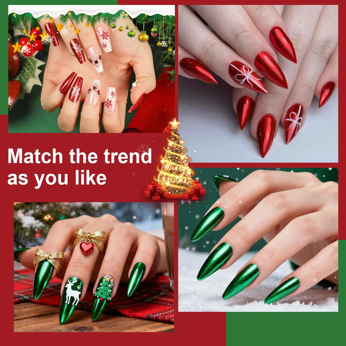 Rouge et Vert Poudre Chrome Ongle Rouge – Poudre Chromée Effet Miroir pour Ongles, Nail Art Chrome Pigment, Christmas Red Nail Powder