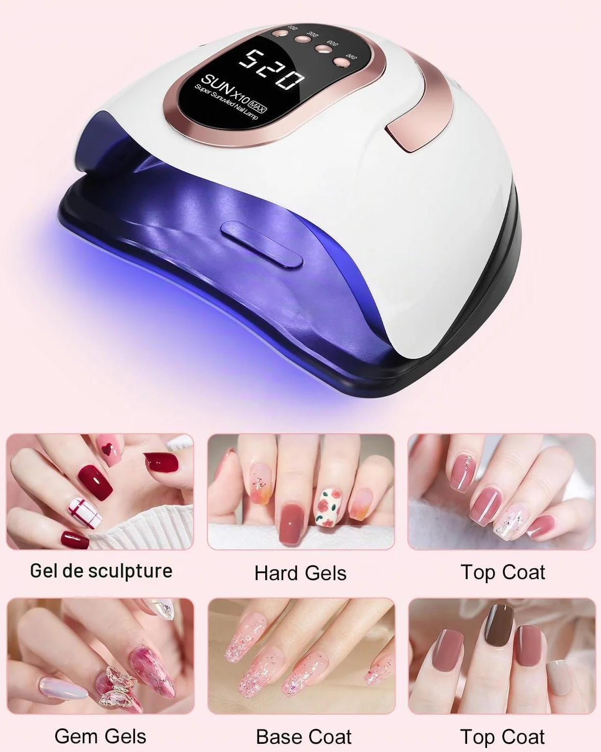 220W LED Nail Polish UV Lamp, Professional LED UV Nail Polish Dryer | With 60 Lamp Beads, 10/30/60/99S Fast Drying, For All Gels, Automatic Nail Polish Machine (rose)