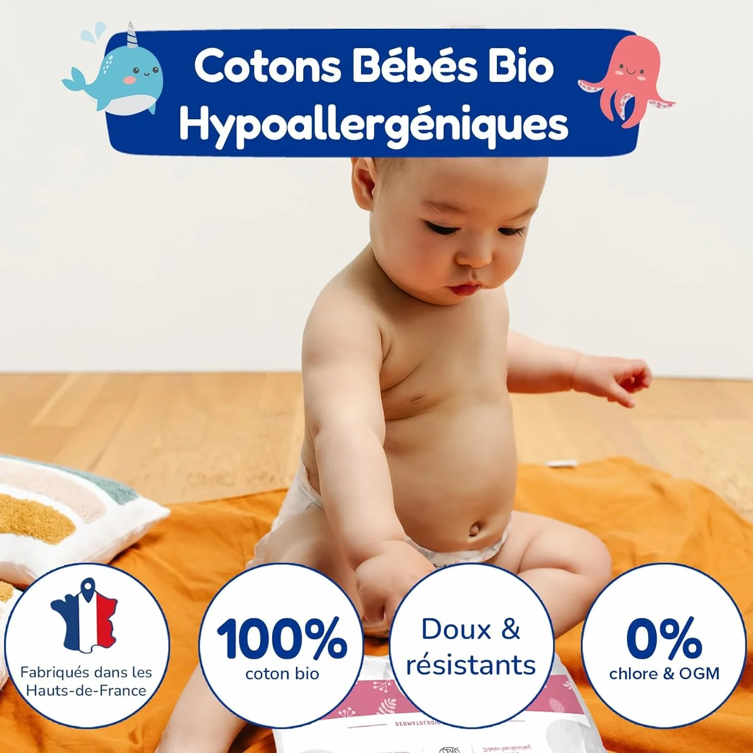 CARRYBOO 540 Coton Pads Bébé 100% Bio Ultra Doux Peaux Sensibles Hypoallergénique Change Toilette Fabriqués France