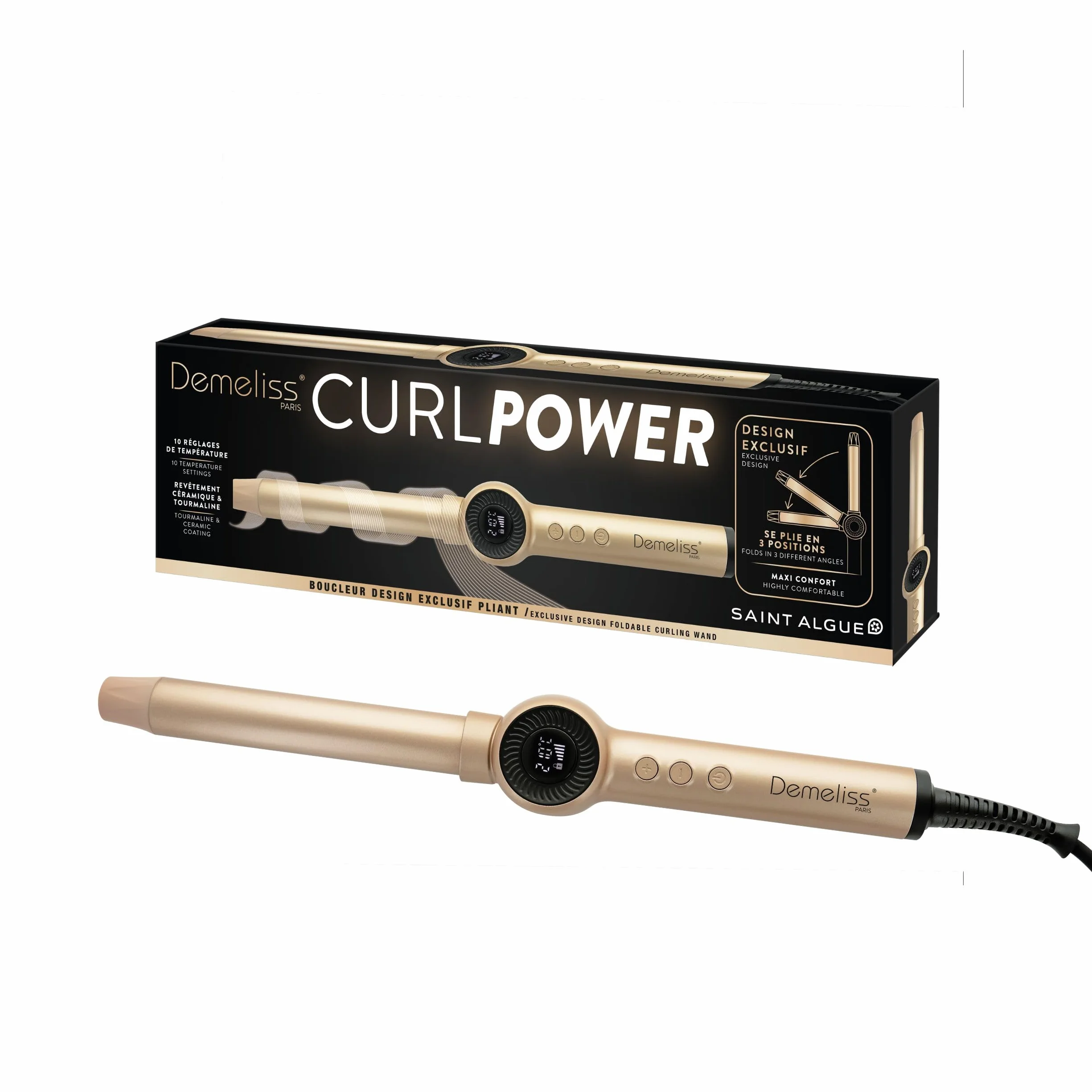 Demeliss Saint Algue Boucleur Pliant Curl Power 25 mm - Pliable 180° - Tous Types de Cheveux - 10 Températures - Écran Digital - Gant Thermorésistant Inclus - Cordon 2 m - Fer à Boucleur Cheveux