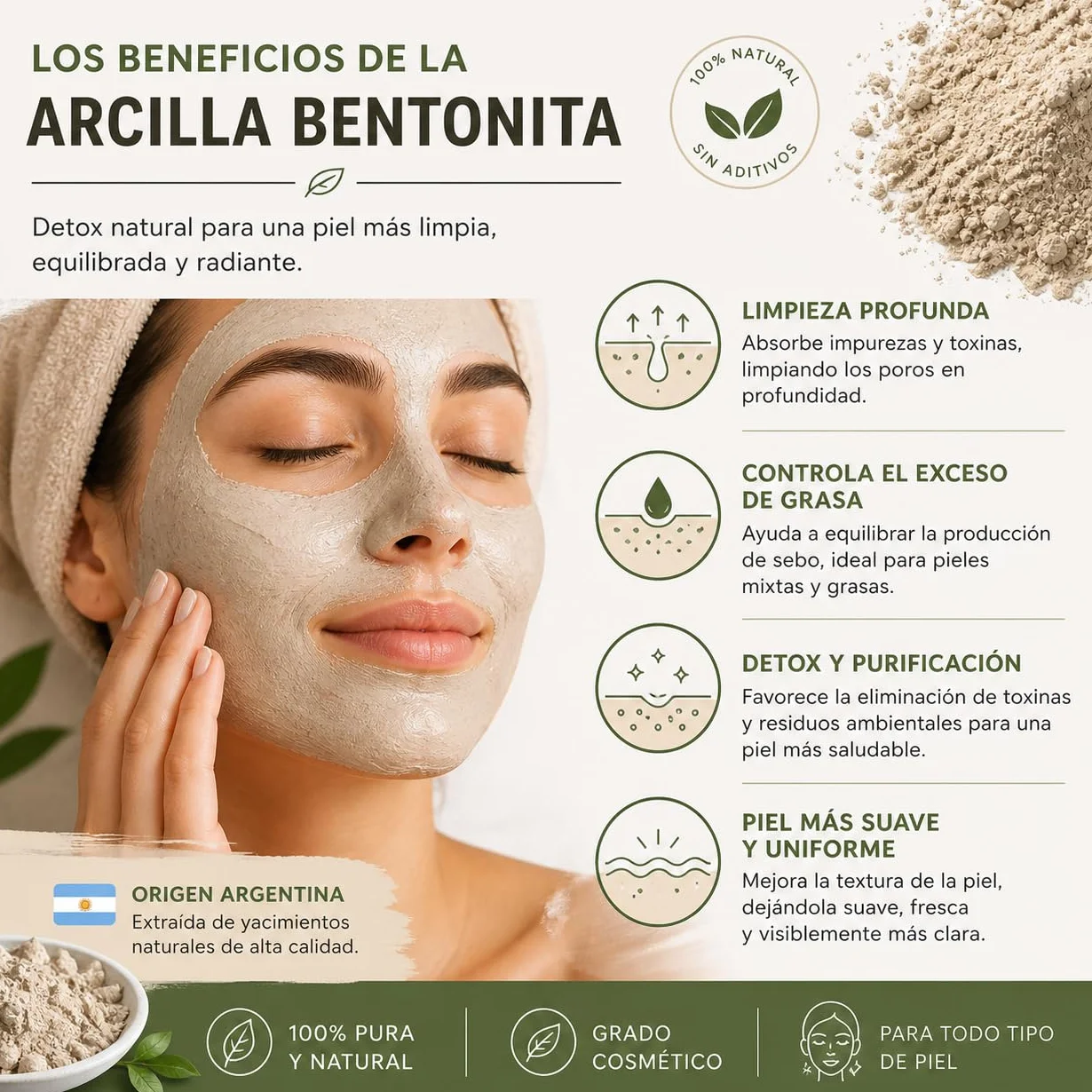 Poudre d'argile Bentonite 100 % Naturelle Argentine (100 g) pour masques faciaux et soins de la peau