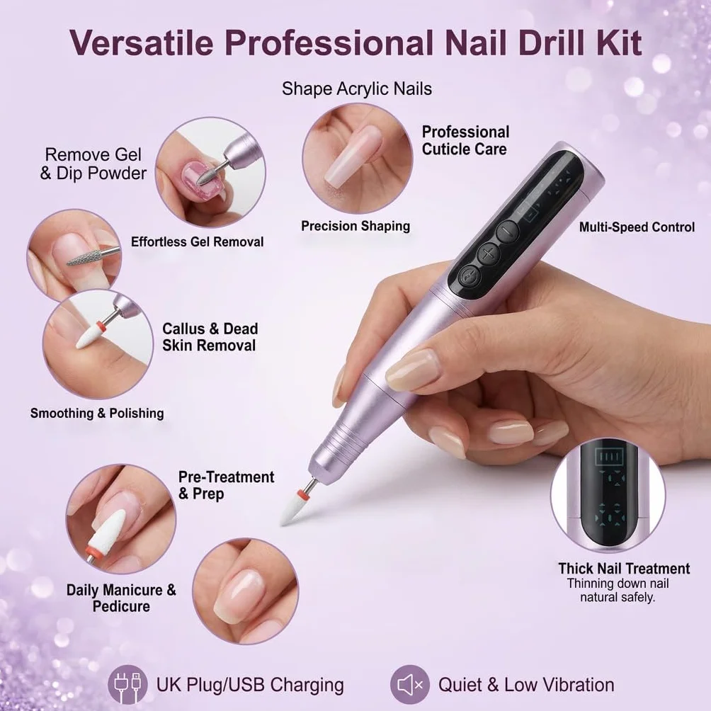 Ponceuse pour Ongles Professionnelle 35000 tr/min 12 en 1 Lime a Ongle Electrique Sans Fil avec Écran Numérique LCD et 12 Embouts Lime à Ongles pour Gel Acrylique et Semi Permanent