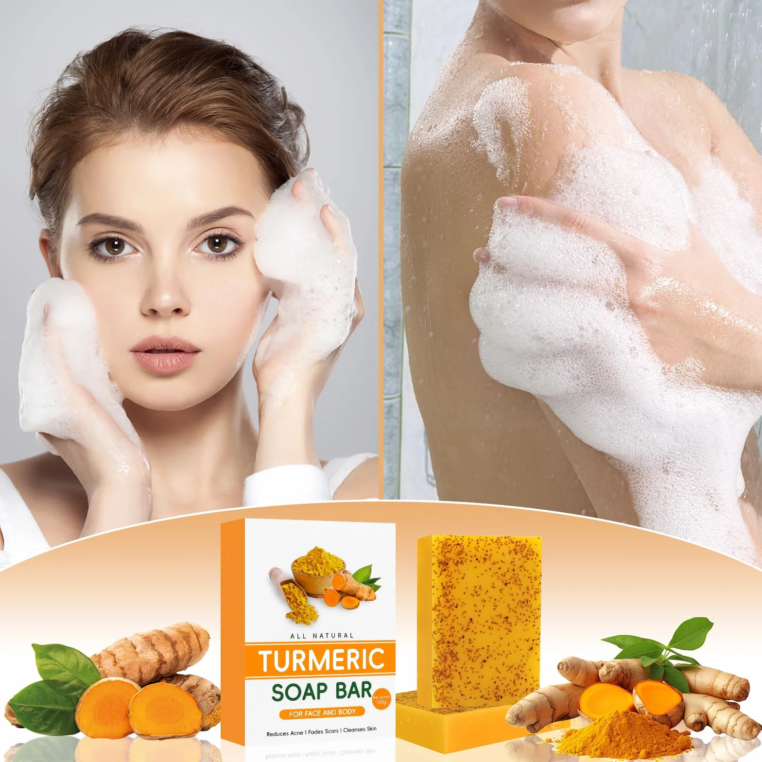 Savon Curcuma Exfoliant à l'Acide Kojique, Éclaircissant Naturel, Nettoyage en Profondeur Peau Lisse, Visage et Corps, 2 Pièces