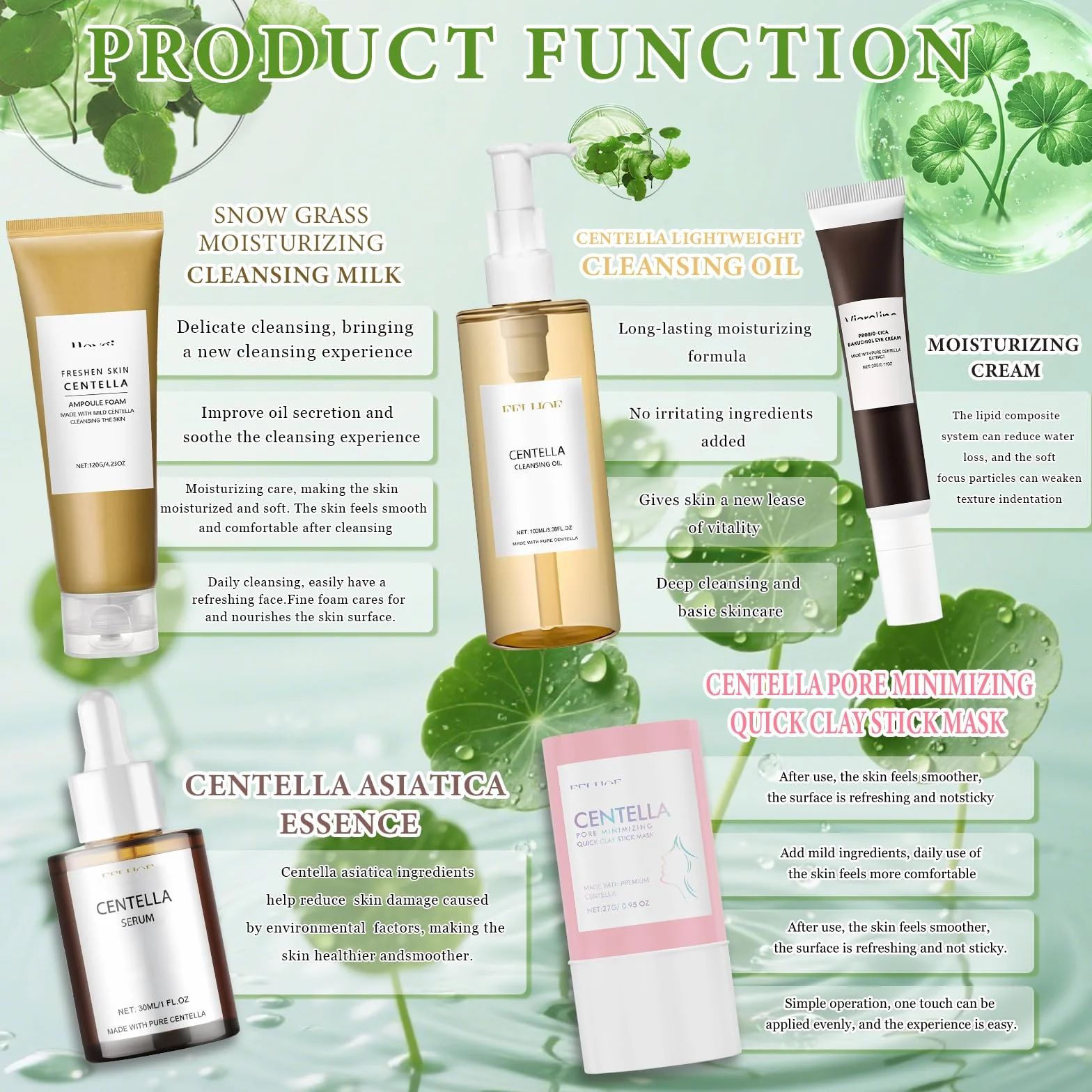 5Pcs Centella Skincare Kit,Centella Cleansing Oil+Centella Nettoyant Visage | Centella Serum + Centella Stick Mask + Creme Yeux, Nettoie, Nourrit et Hydrate la Peau,Combat Efficacement les Rides
