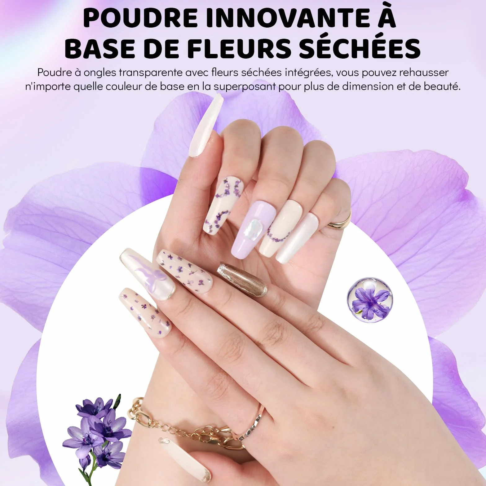 Aokitec Poudre à Tremper Fleurs Séchées Violettes 1 oz Nail Art Décoration