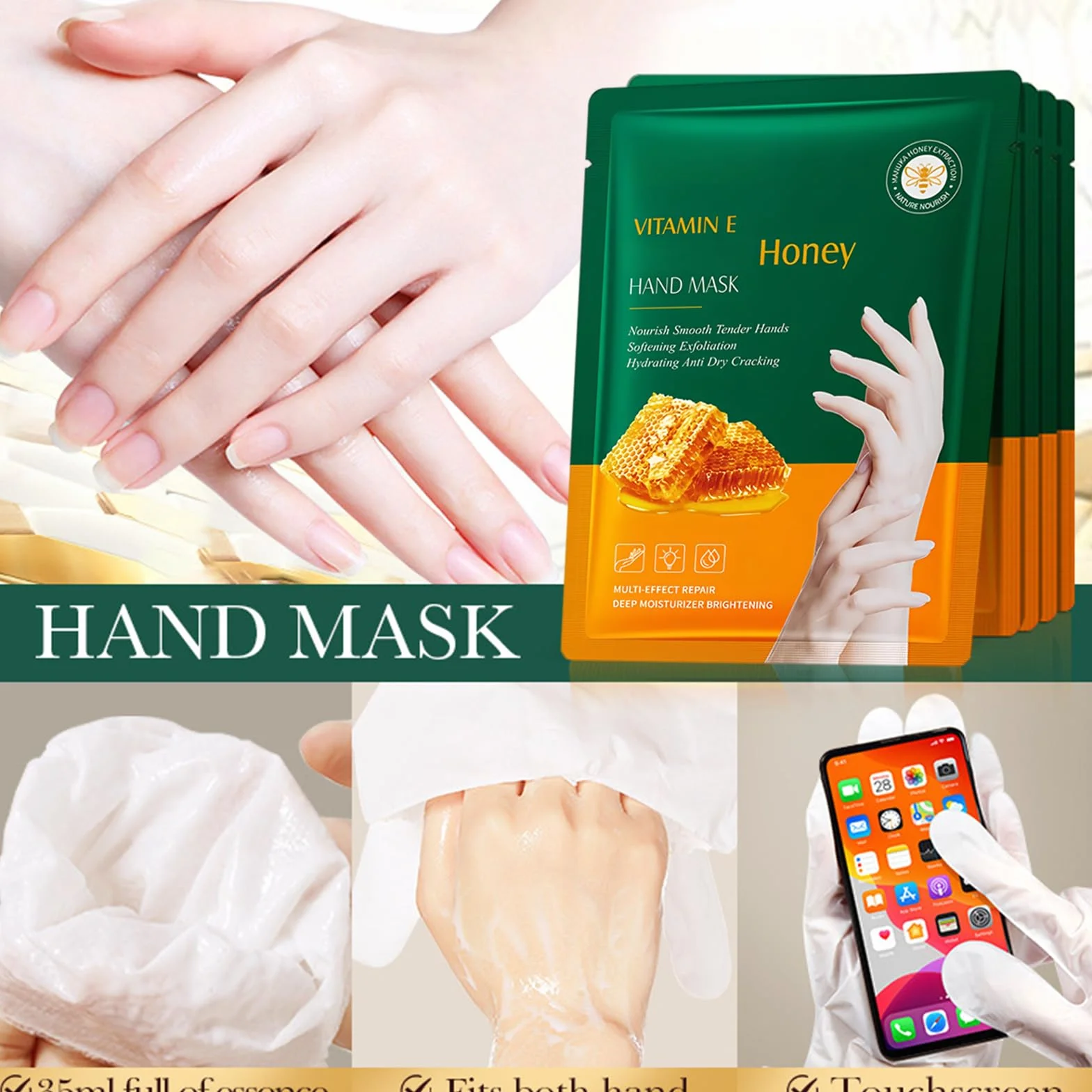 Masques pour les mains et les pieds au miel, soin intensif peau sèche, 6 paires