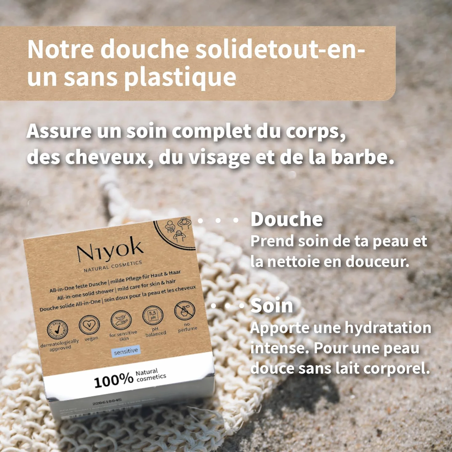 Niyok Douche Tout-en-Un Sensitiv 80g Savon Corps Cheveux Visage Soin Doux Naturel Végan