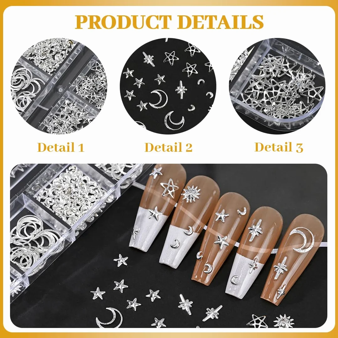 Boîte de Breloques Étoiles et Lune pour Nail Art 3D en Métal - Strass Ongle Nail Art Accessoires Y2K