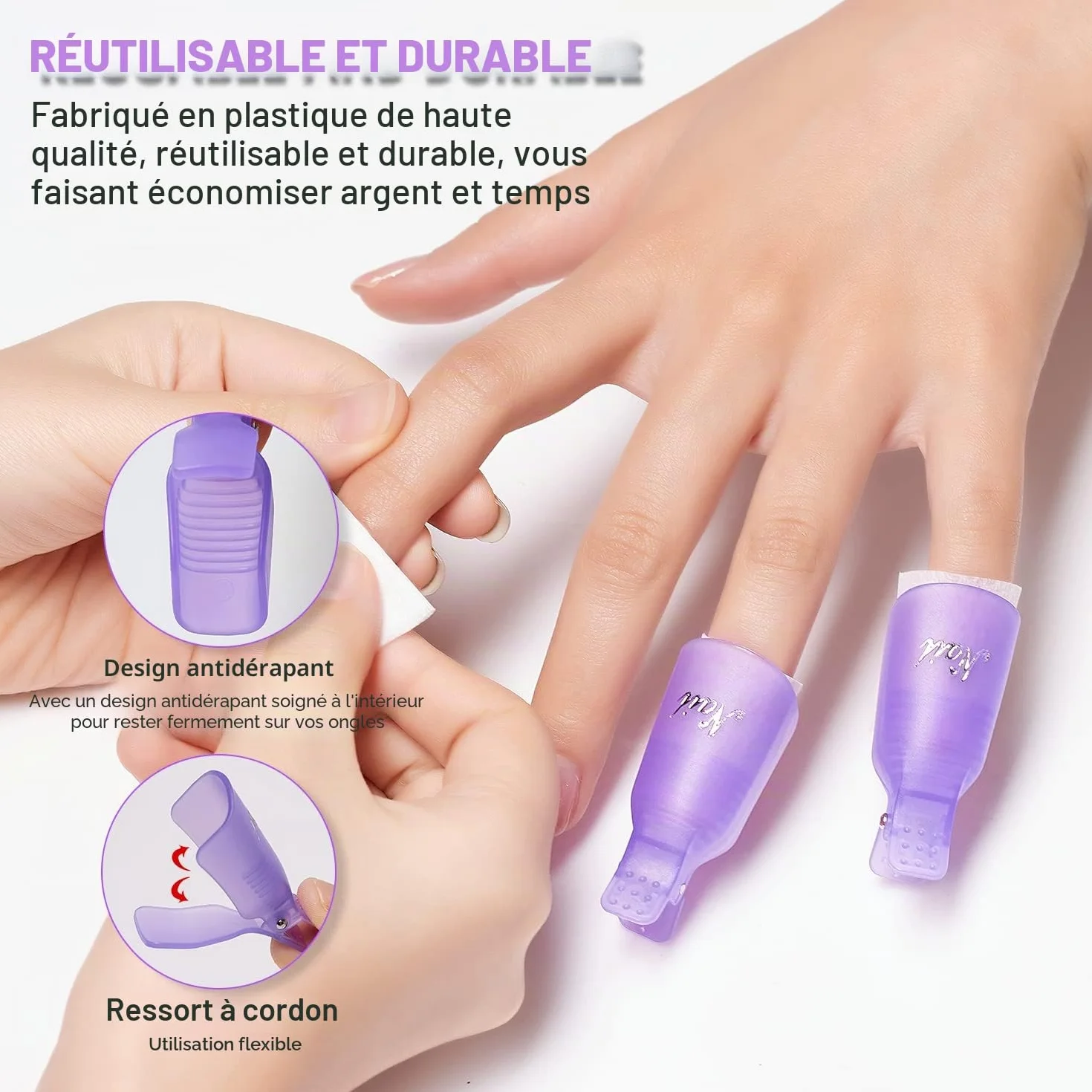 Makartt Clips à ongles pour enlever le vernis gel, poussoir métal double extrémité, 20 clips réutilisables, violet