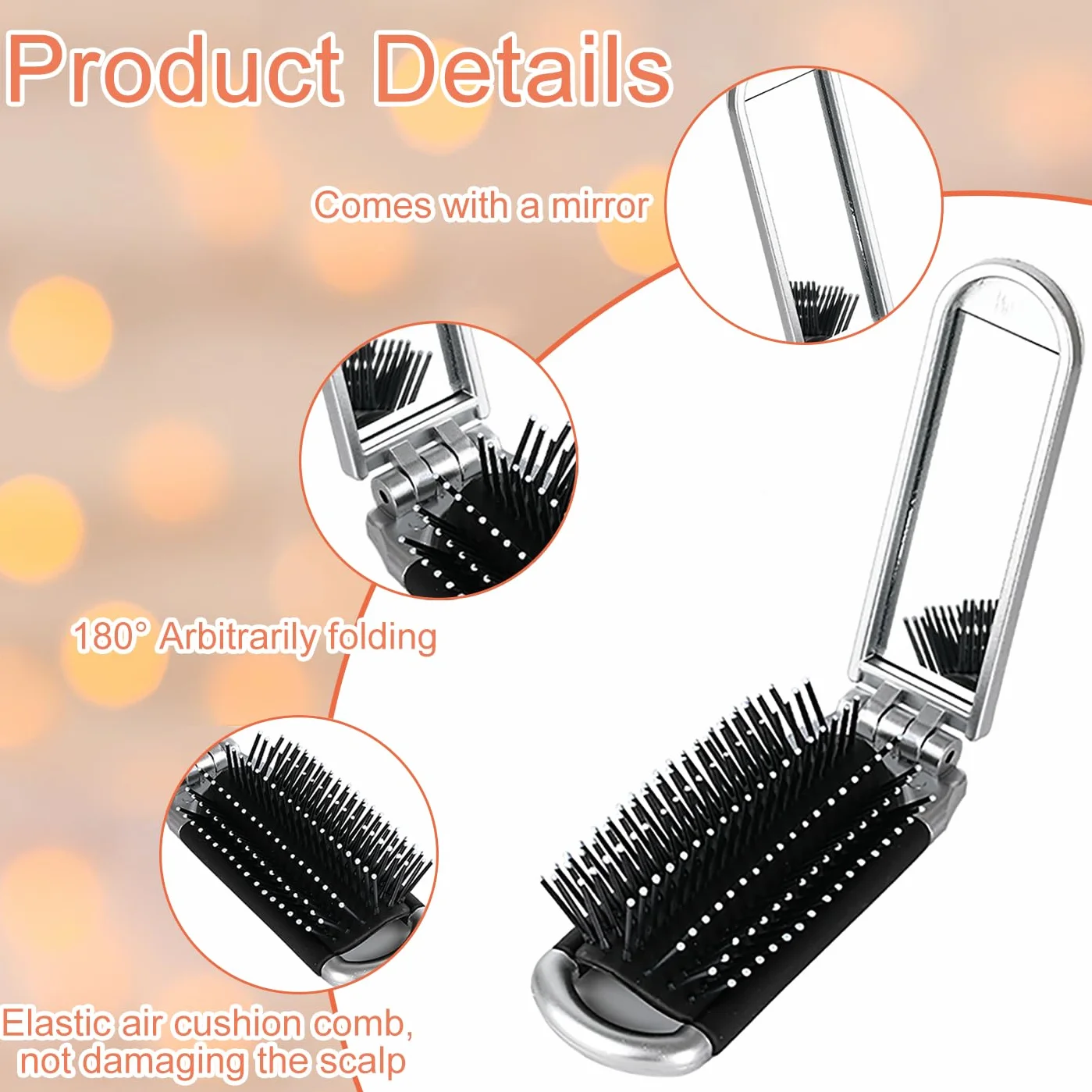 Brosse à Cheveux Pliable avec Miroir de Voyage Argent