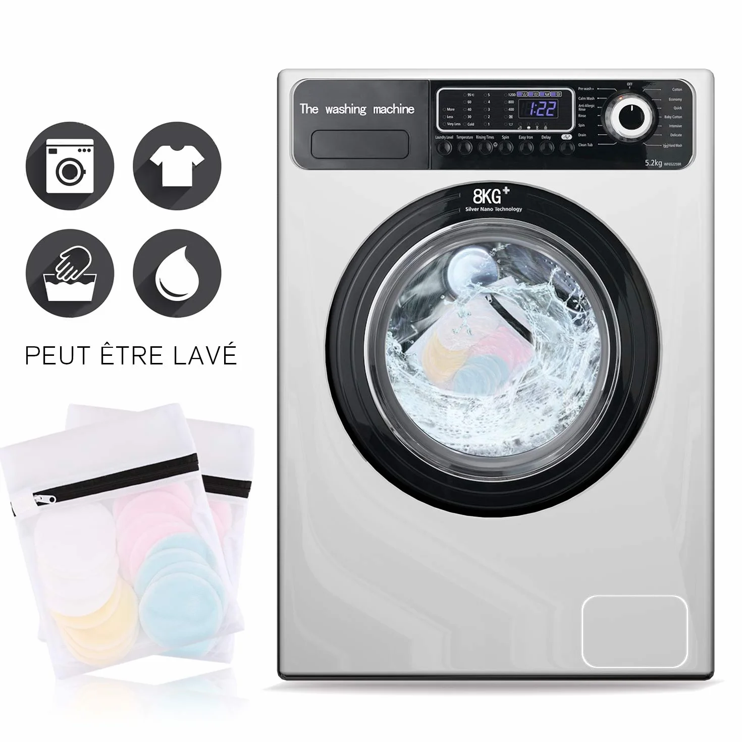Tampons Démaquillants Fibre de Bambou Lavables 16pcs + 2 Sacs de Lavage