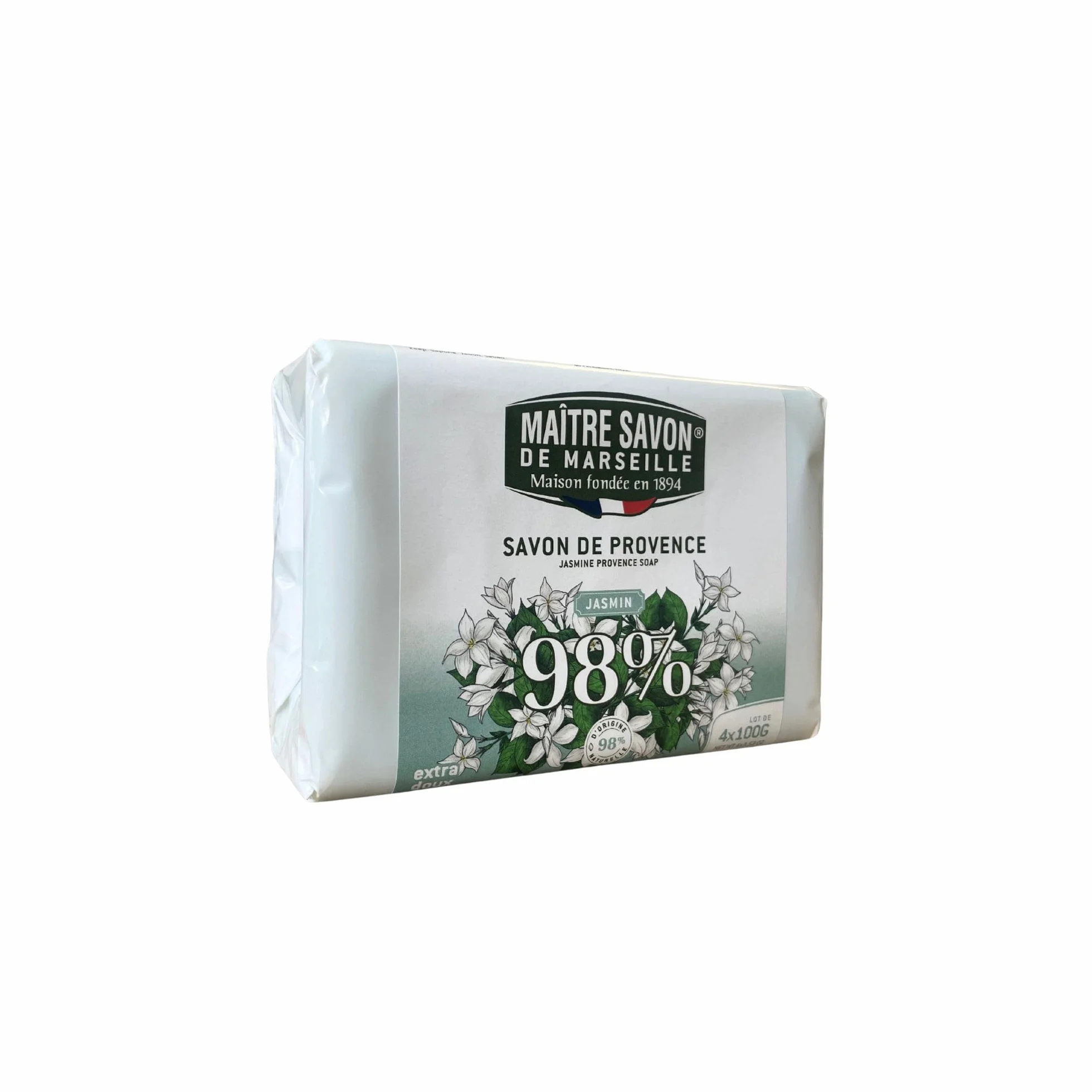 Savon de Marseille Lot de 4 Extra Doux Jasmin 100g Huiles Végétales 98% Naturel Hygiène Mains Corps Fabriqué Marseille