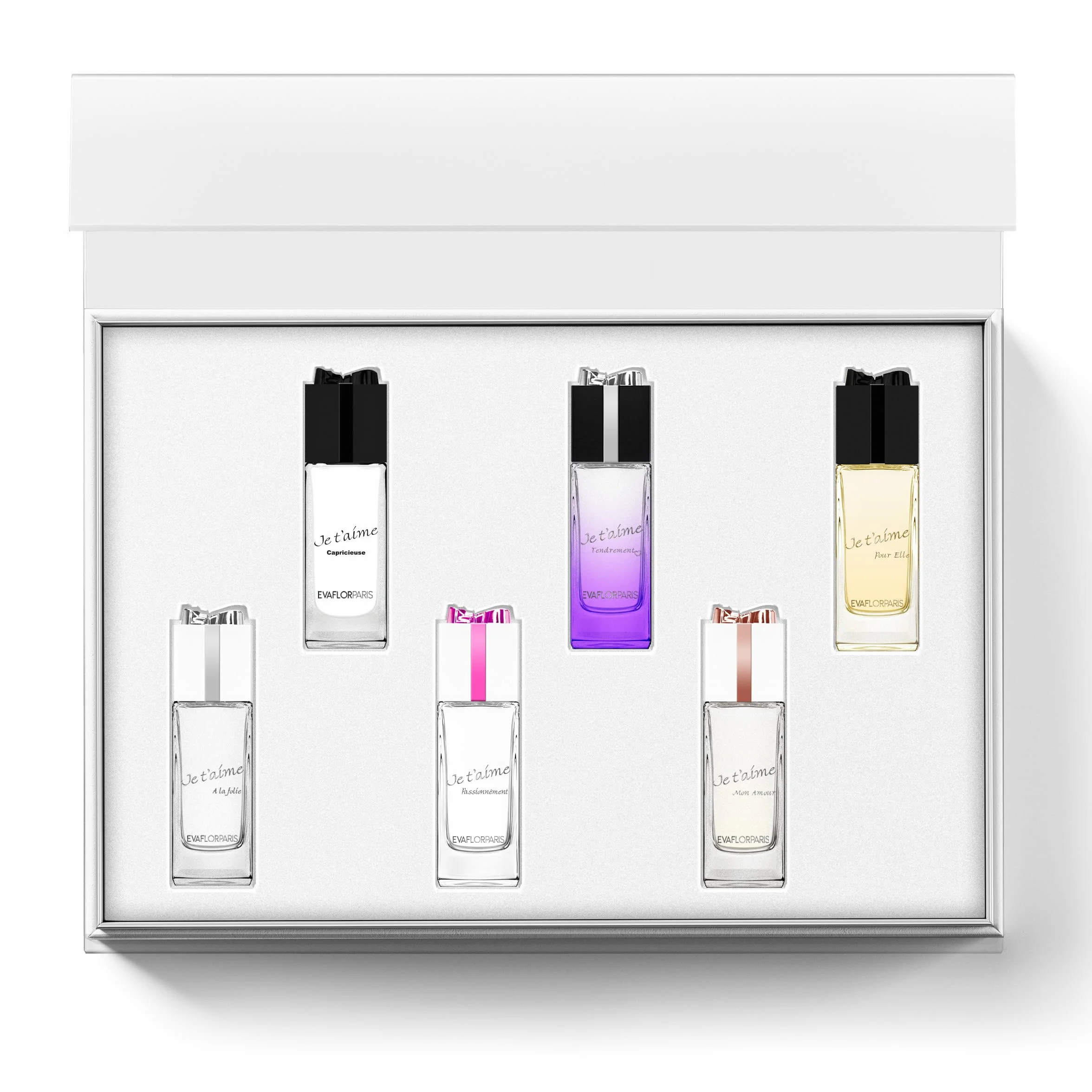 JE T’AIME Coffret 6 Miniatures Eau de Parfum • Parfums Femme • Fête des Mères ♡ Mamans • Collection EVAFLORPARIS • 10 ml