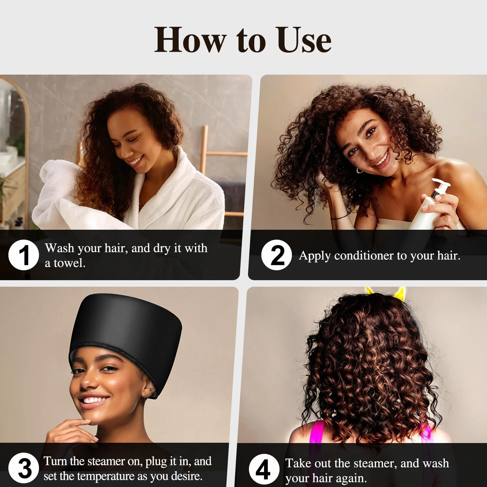 Casque Chauffant Cheveux Vapeur Soin - Charlotte Chauffante pour Cheveux Crepus Afro Bouclés Bonnet Masque Capillaire Salon Hair Cap Spa Maison Proteine Coloration Sèche Cheveux (Noir de jais)