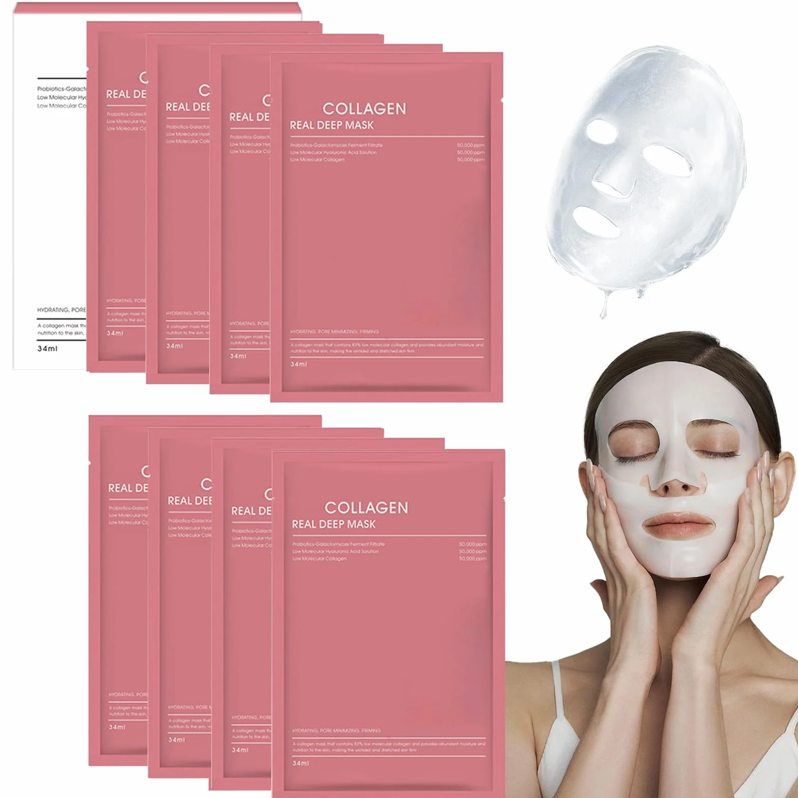 Masque Collagène Visage Bio Anti-Âge 8 Pièces Réduction des Pores