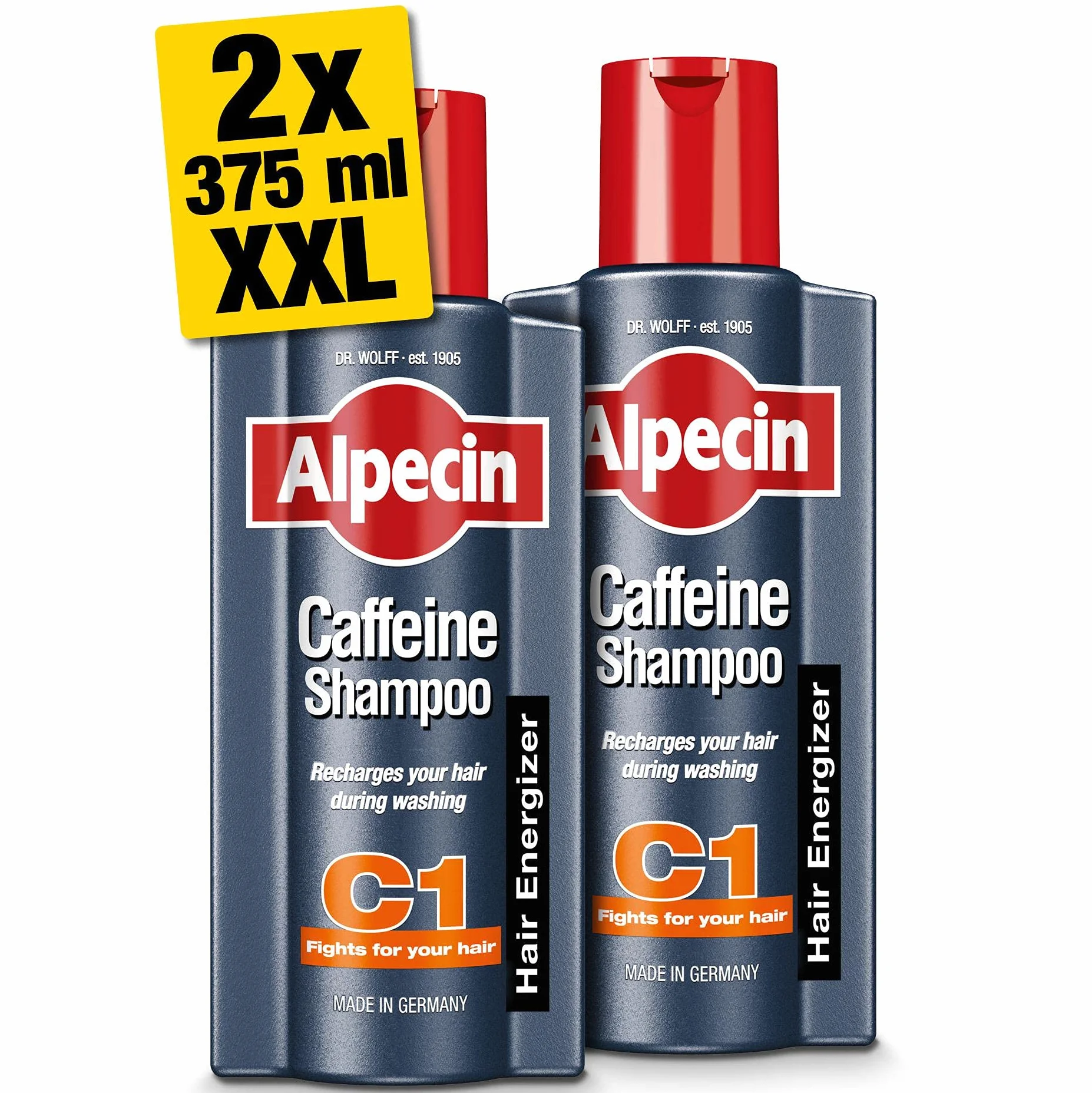 Alpecin Caféine Shampoing C1 2x 375ml - Prévient et réduit la chute des cheveux - Shampoing naturel de croissance des cheveux pour hommes - anti chute de cheveux homme