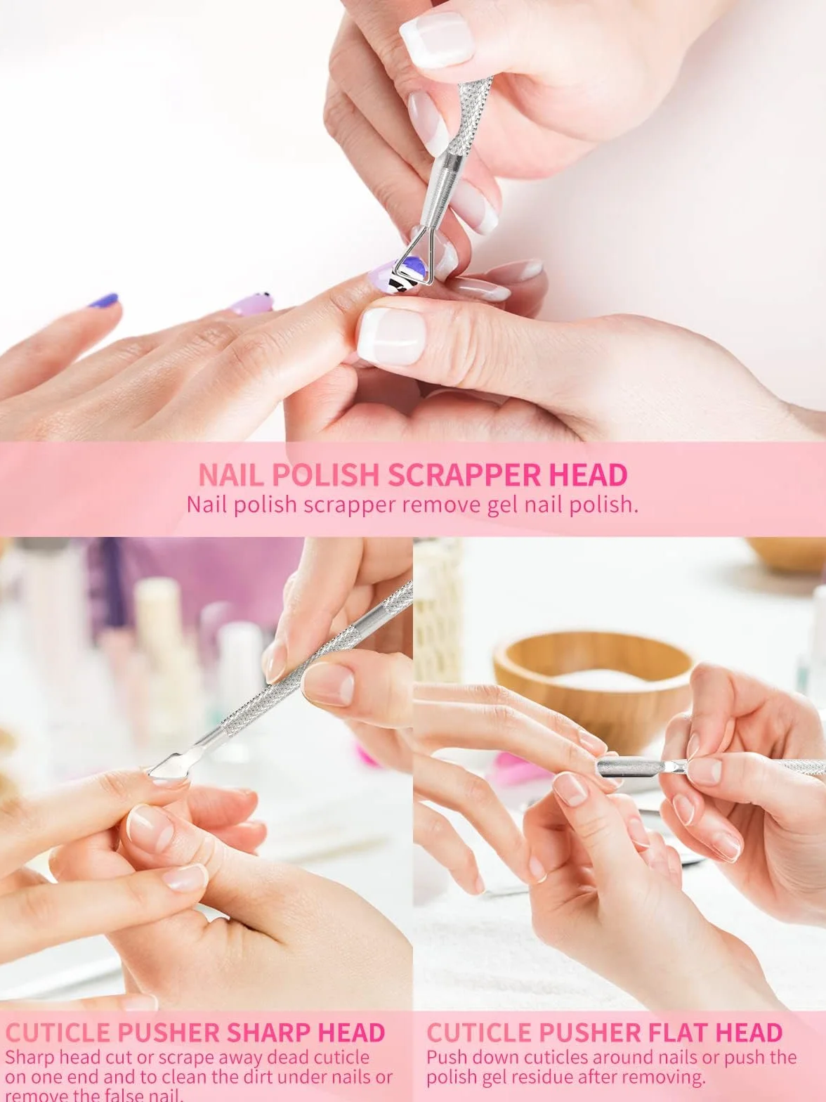 Bol De Trempage Des Ongles 2 Pièces avec Poudre Démaquillant, Triangle Cuticule Peeler Acier Inoxydable Rose