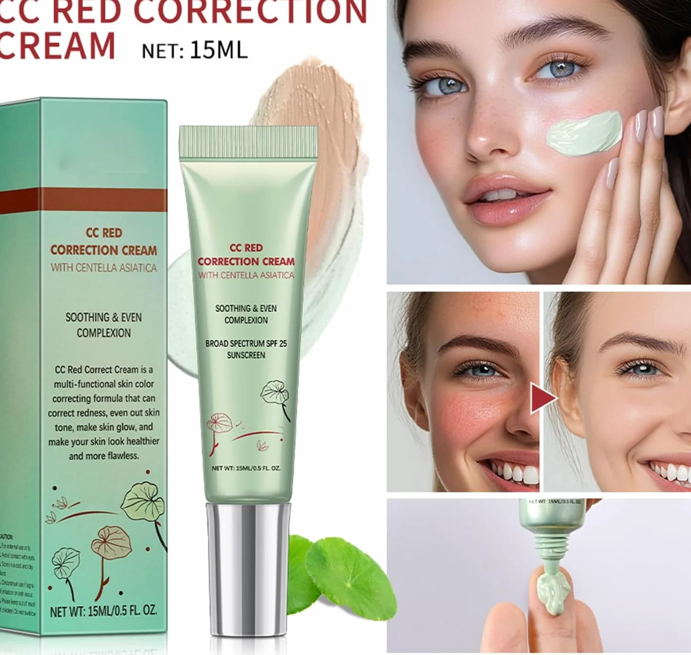 CC Correcteur Rouge à la Centella Asiatica, Anti-cernes Pores Invisibles, Crème CC Légère avec SPF 25, Anti-imperfections, Rougeurs et Marques d'Acné