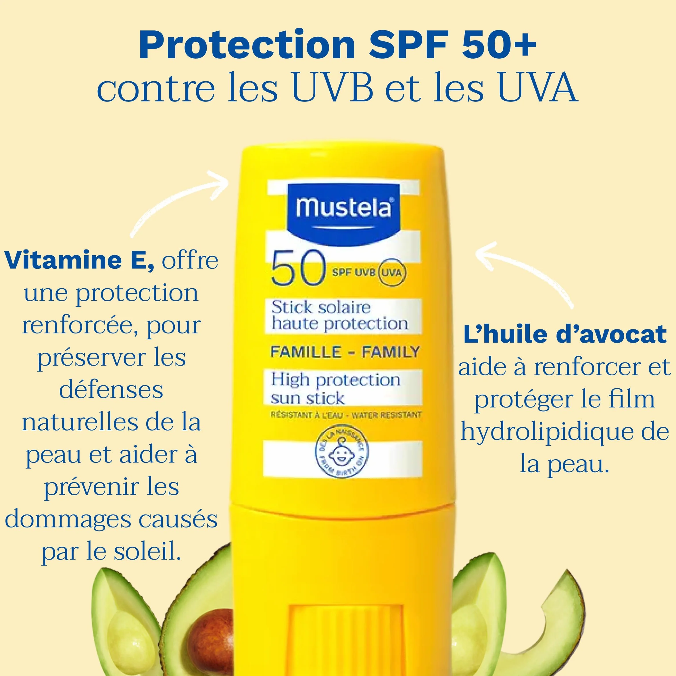 Mustela Stick Solaire SPF 50 Famille Haute Tolérance Protection Visage Corps Huile d'Avocat Résistant Eau Sable 9 ml