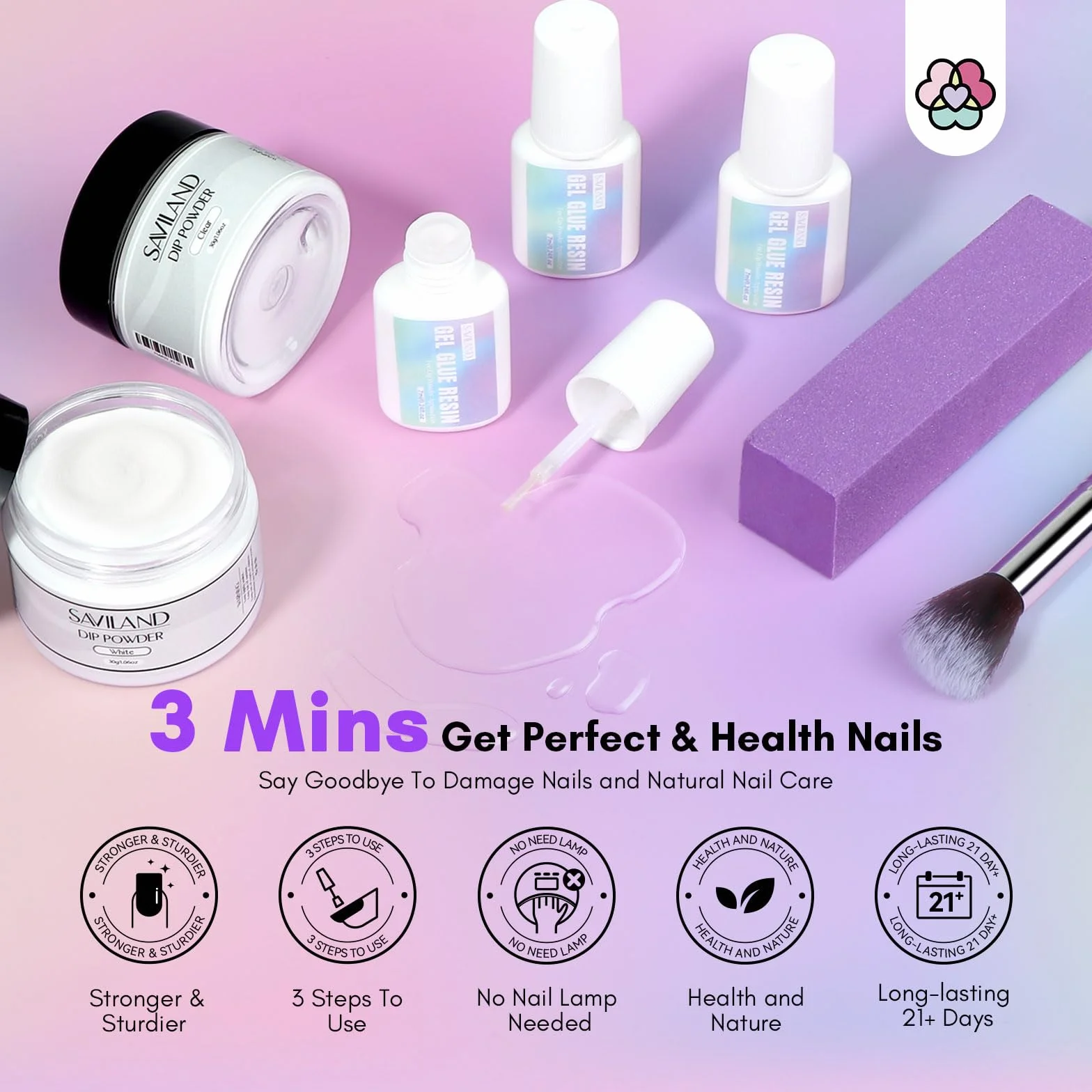 Saviland Kit de Trempage pour Manucure Blanc Clair Dip Powder Séchage Rapide 7ml Professionnel Dipping Vernis Poudre Limer Ongle Pinceau Réparation Ongles