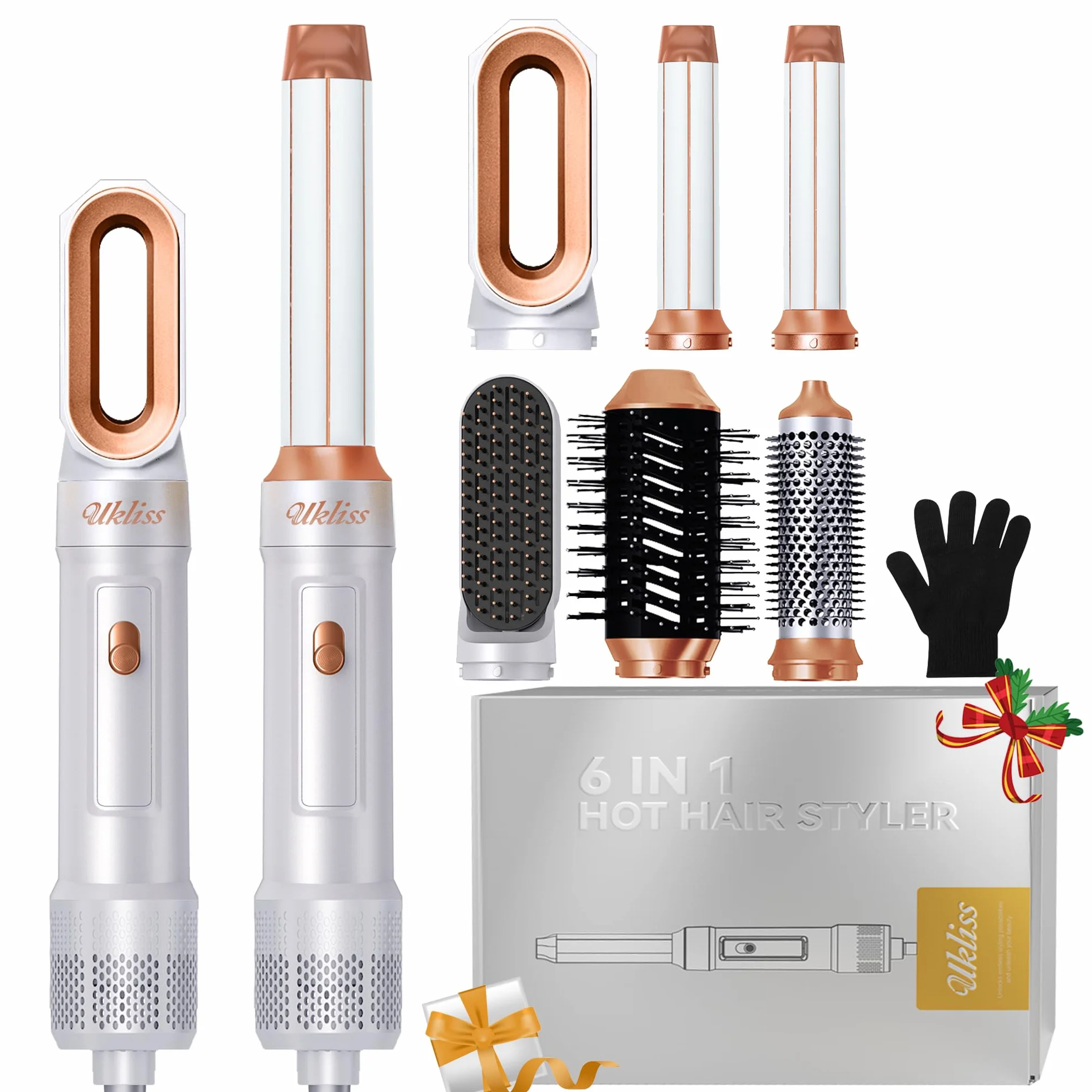 UKLISS Airbrush 6 en 1 Sèche Cheveux Professionnel 1000W Boucleur Automatique Brosse Soufflante Blanc
