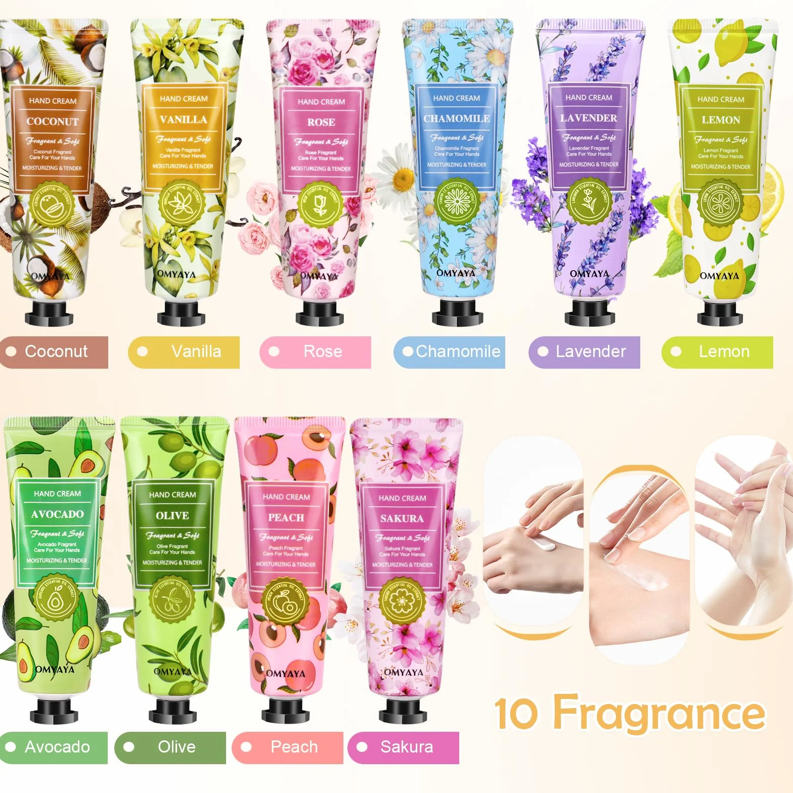 Coffret Cadeau Crème Mains, 10 Lot Mini Crème Hydratante Parfumée, Soin Mains et Pieds, Cadeau Femme Noël Anniversaire