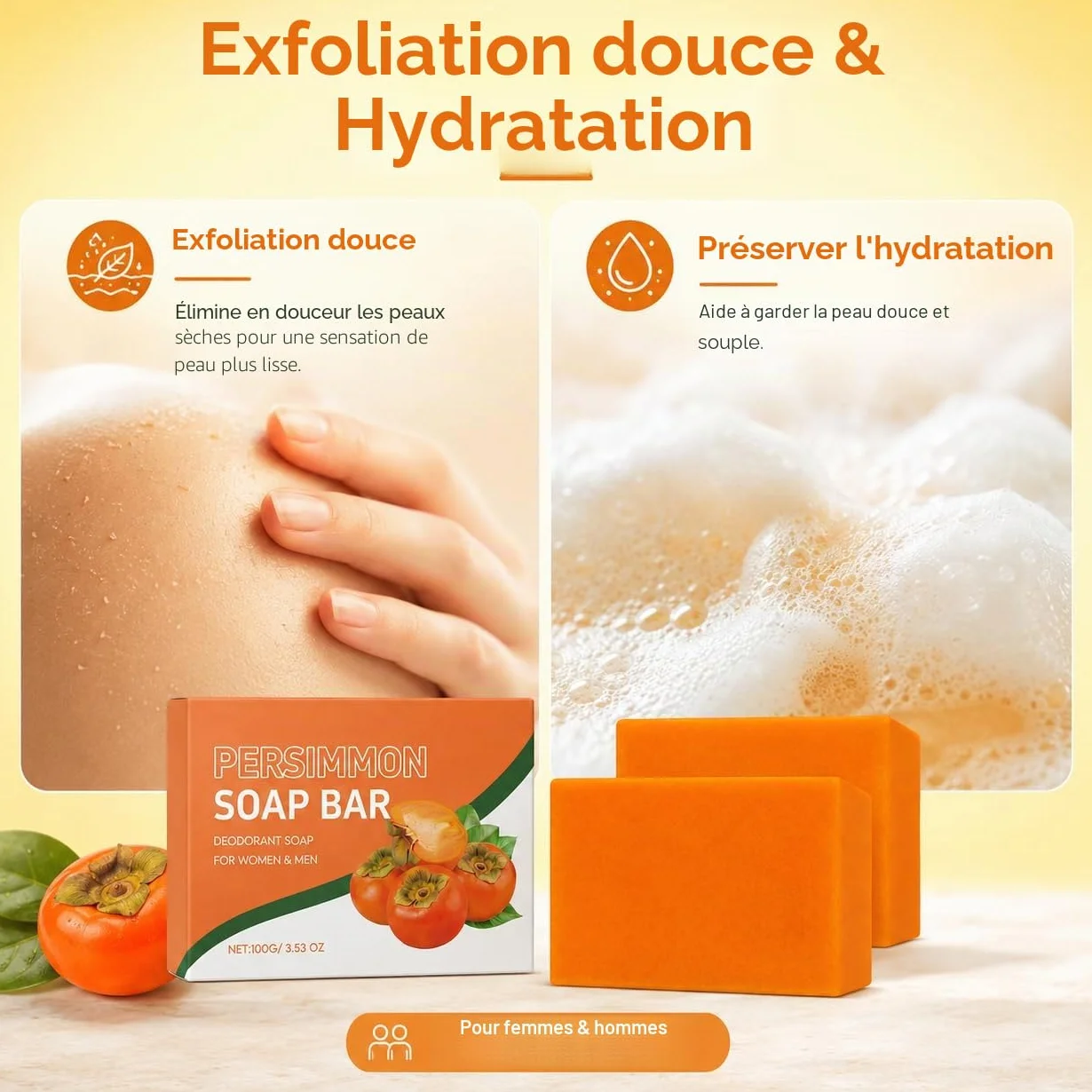 Kaki Lot de 2 Savons Naturels Presimmon Soap - Hydratant, Éclaircissant, Exfoliant Corps et Visage