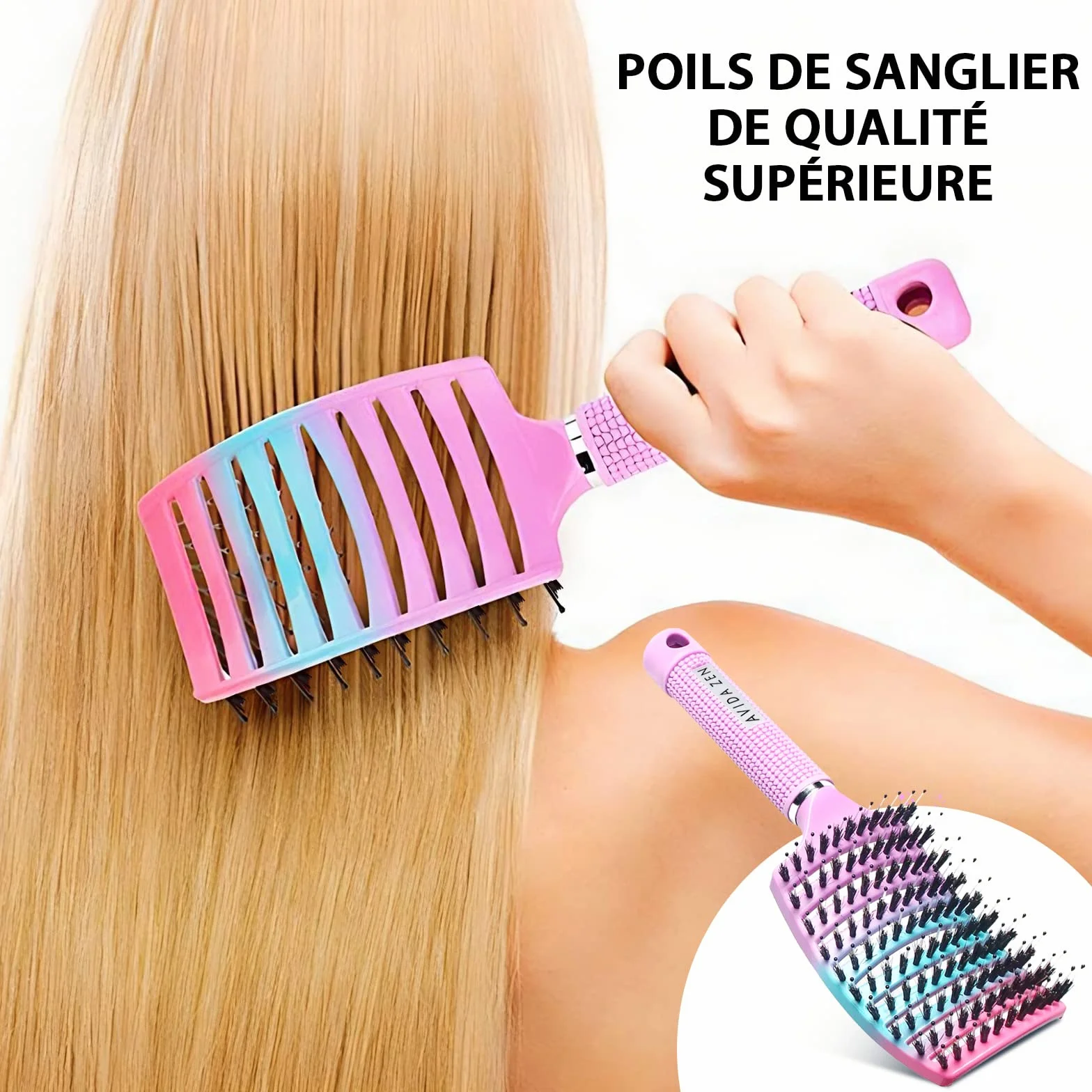 Brosse Poil de Sanglier 2 Brosses à Cheveux Démélant 100% Naturel Rose Arc-en-Ciel