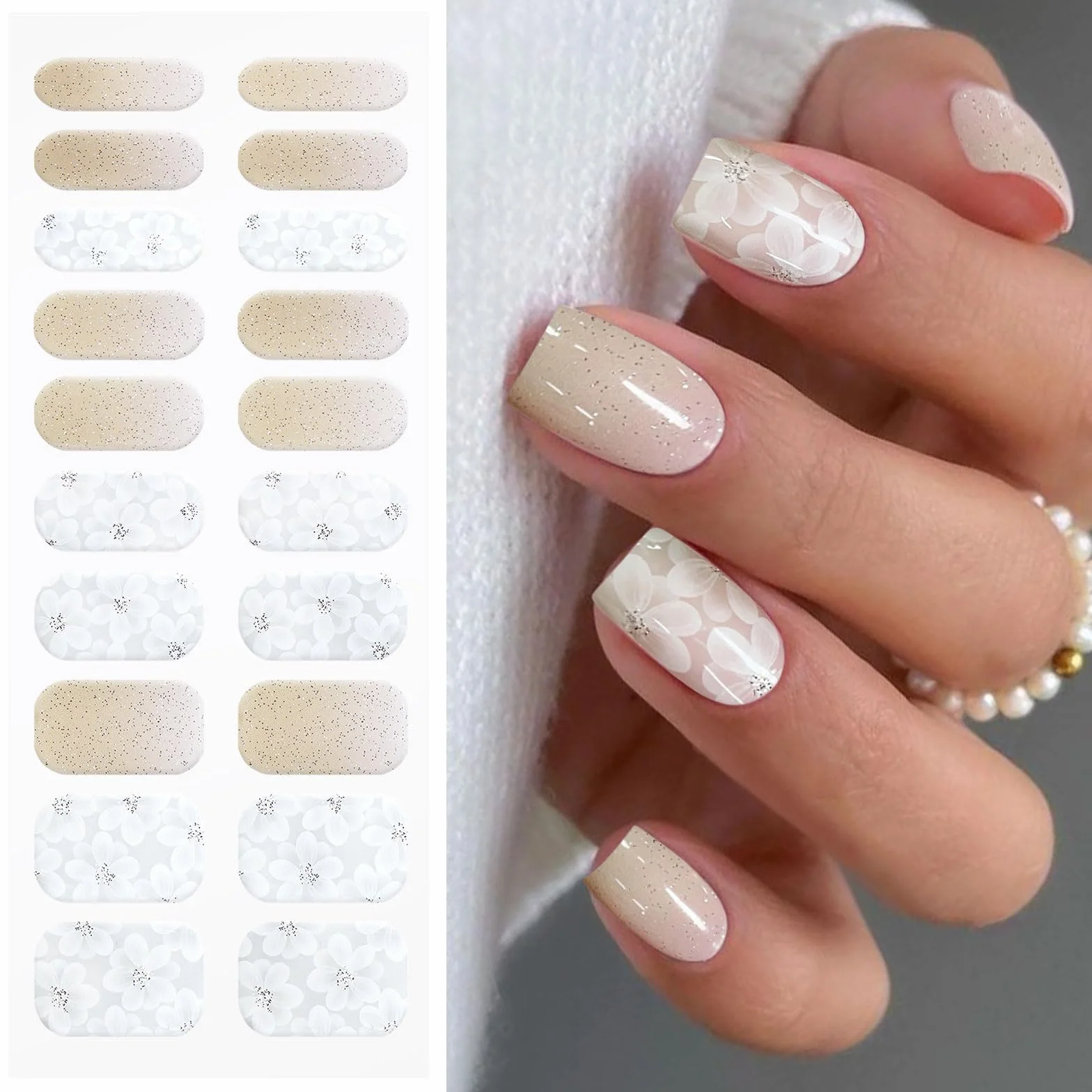 Autocollants pour ongles UV/LED motifs fleurs blanches pailletées semi-durci