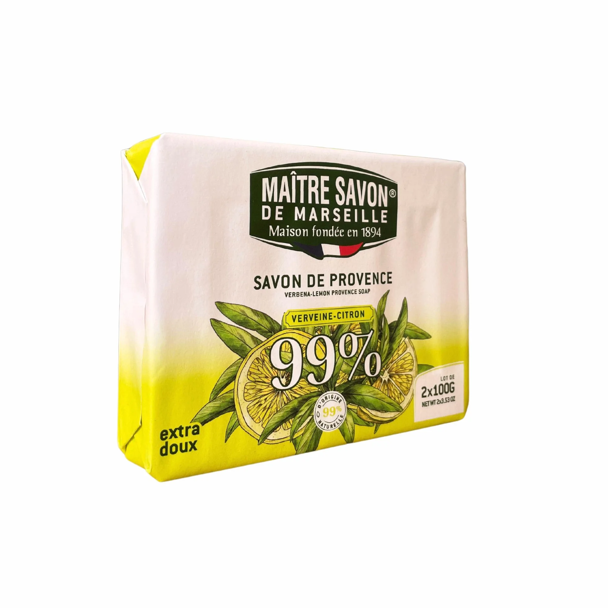 Savon de Marseille Verveine-Citron Extra Doux 2x100g 99% Ingrédients Naturels Corps & Mains