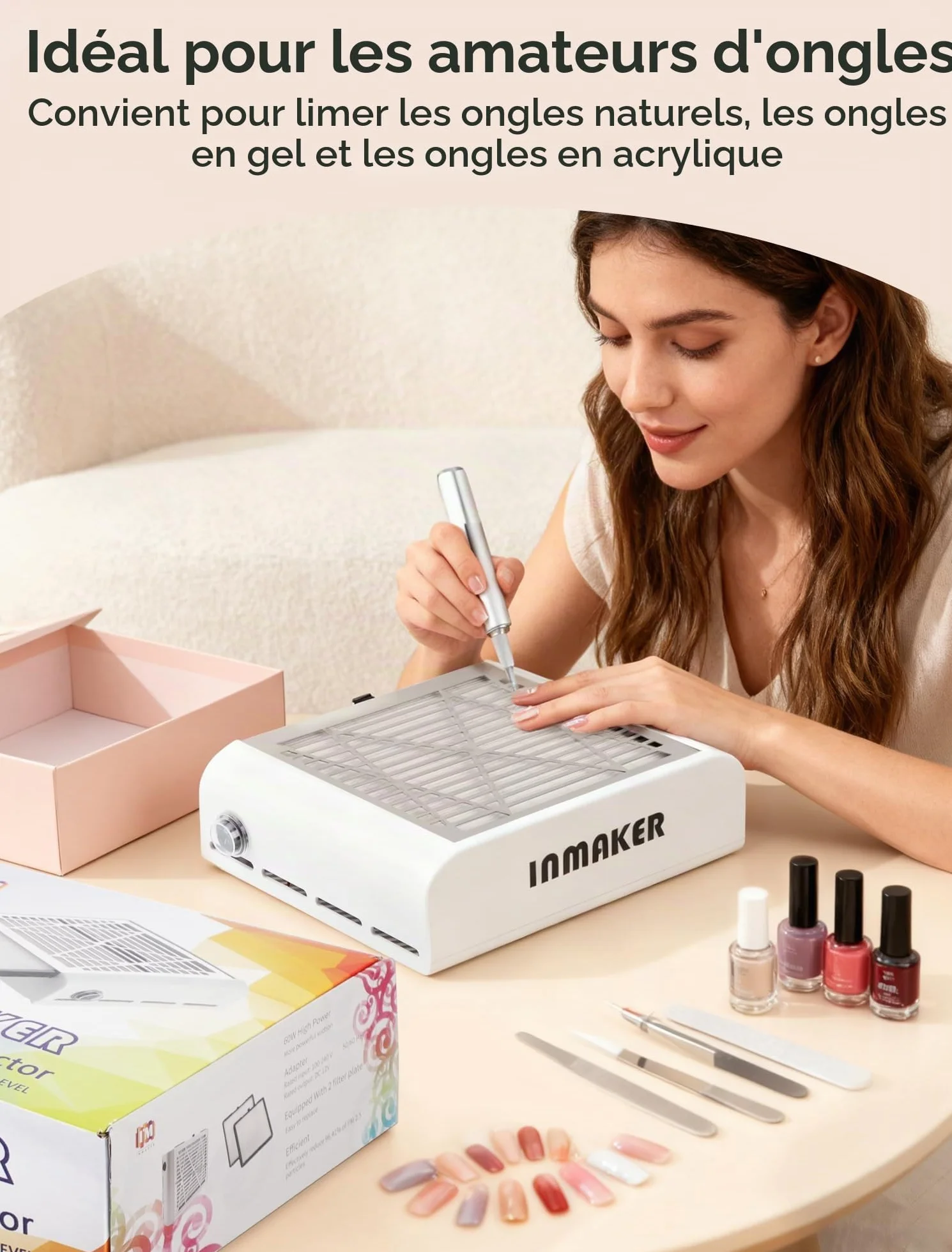 INMAKER Aspirateur Ongles Professionnelle Avec 2 Filtre Remplaçable | 60W Aspirateur Ongle Manucure pour Nail Art ou Salon, Blanc