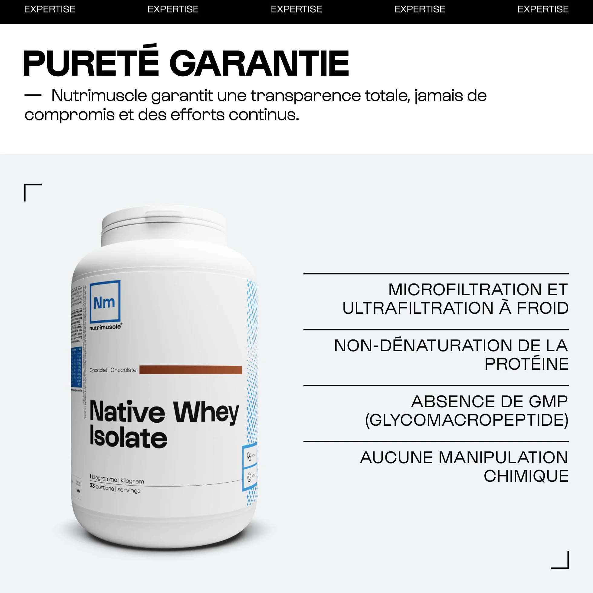 Nutrimuscle Isolat De Whey Native 1kg Vanille Lait Français 85% Protéines Whey Protein Musculation Prise de Masse Musculaire