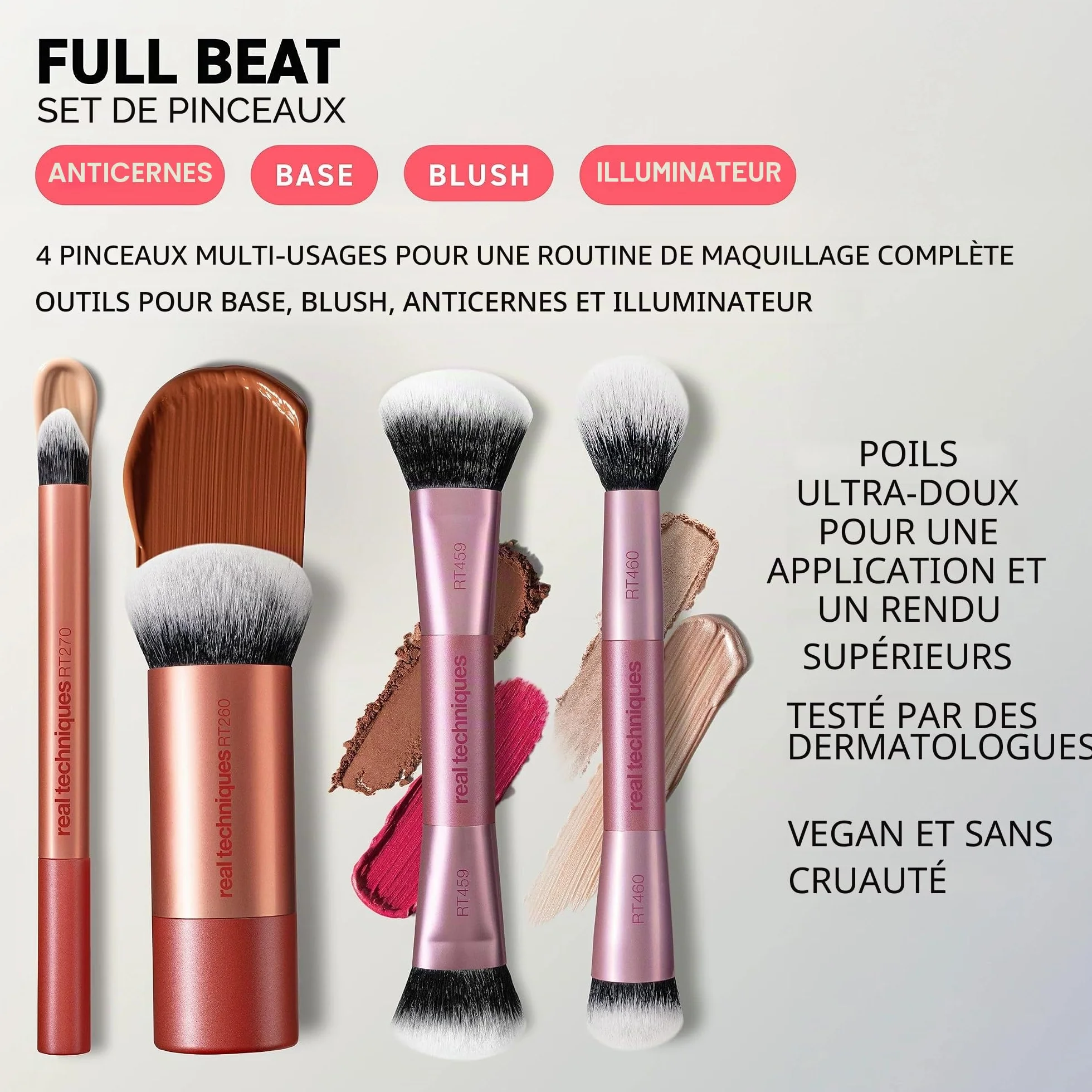 Real Techniques Full Beat Set Maquillage, Kit 4 Pinceaux pour Fond de Teint, Anti-Cernes, Blush, Contour, Illuminateur & Poudre, Format Voyage, Fibres UltraPlush Douces, Cruelty-Free