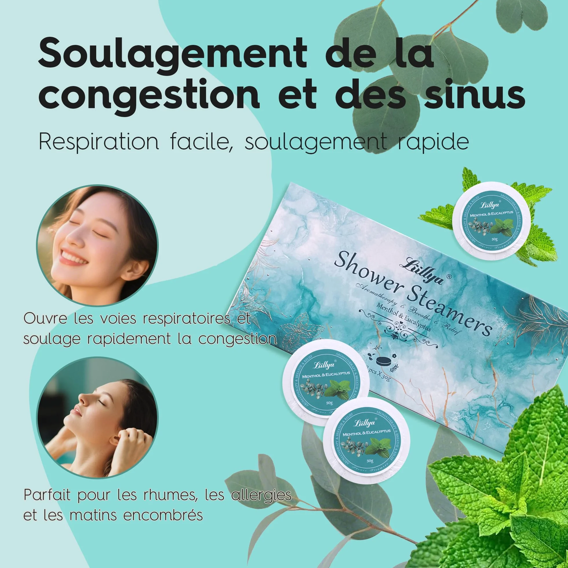 Bombe de Douche d'Aromathérapie Menthe & Eucalyptus, Lot de 8 Vapeur de Douche aux Huiles Essentielles