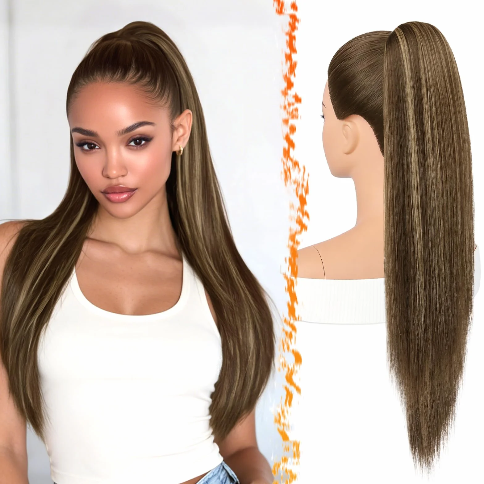 BARSDAR Raides Extension Queue de Cheval, 70cm longue Ponytail Extensions avec Cordon Naturel Synthétique Cheveux Cheer Posh Queue de Cheval Postiche Extension Cheer Competition - Marron avec Blond
