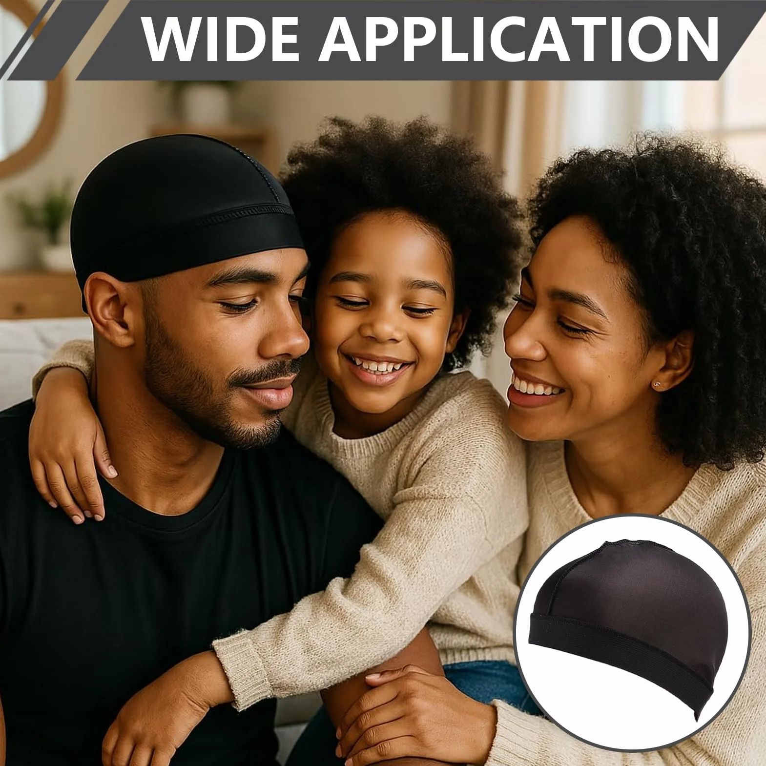 Lot de 3 Bonnets Ondulés Soyeux Satin Homme Wave Cap Noir Unisexe Sommeil Douche