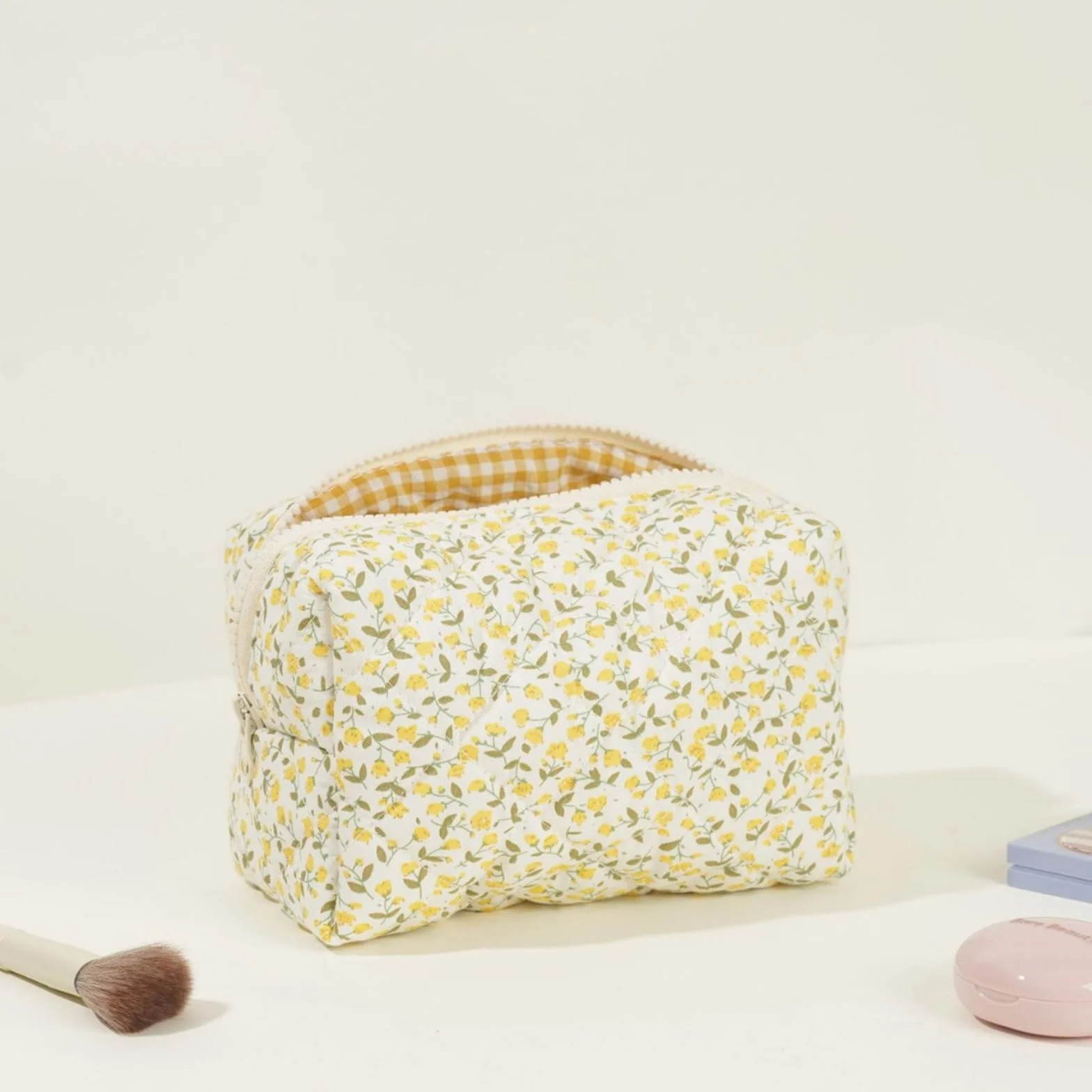 Trousse de maquillage matelassée florale en coton doux, jaune