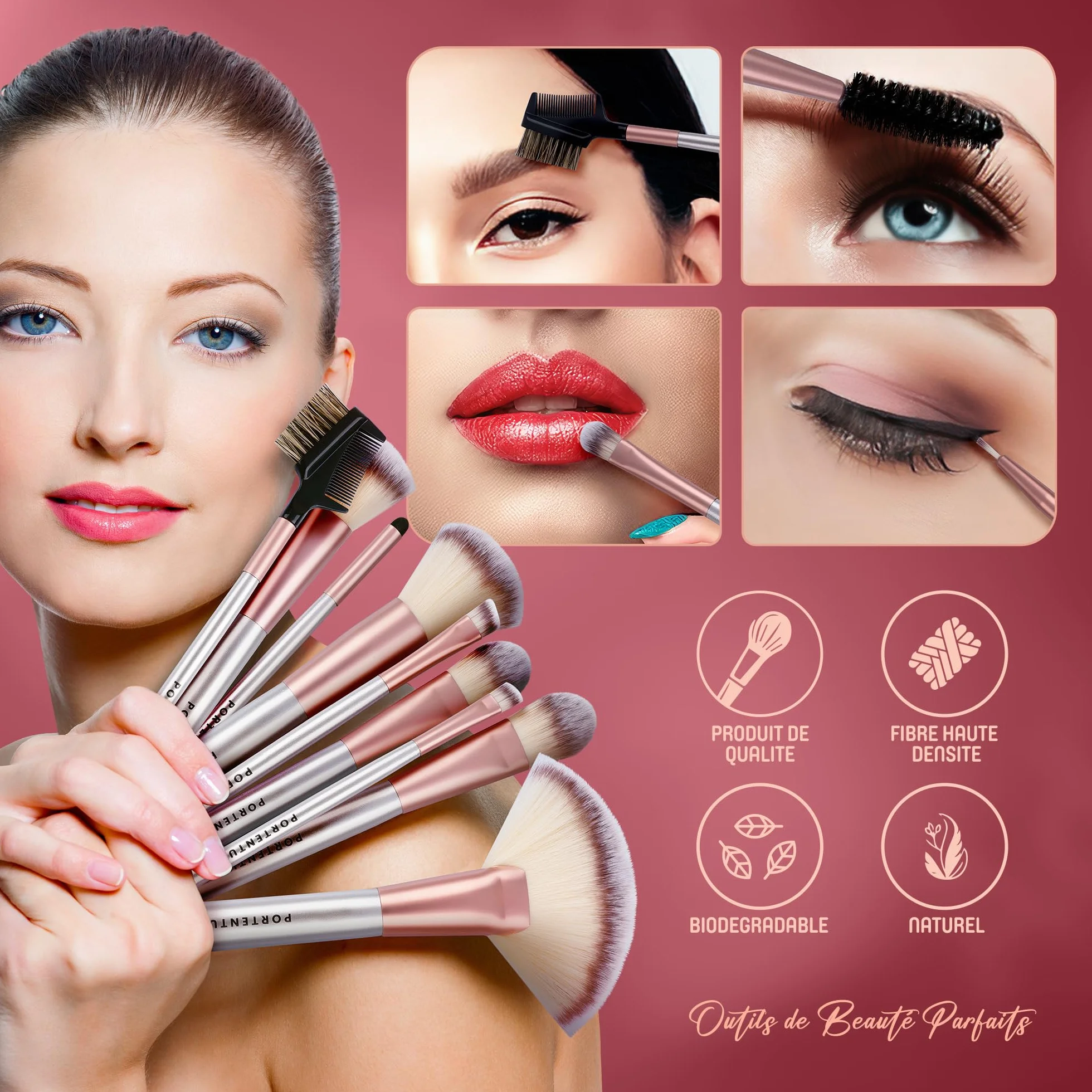 PORTENTUM Pinceaux maquillage Lot de 18 avec étui de voyage Kabuki fibre synthétique fond de teint